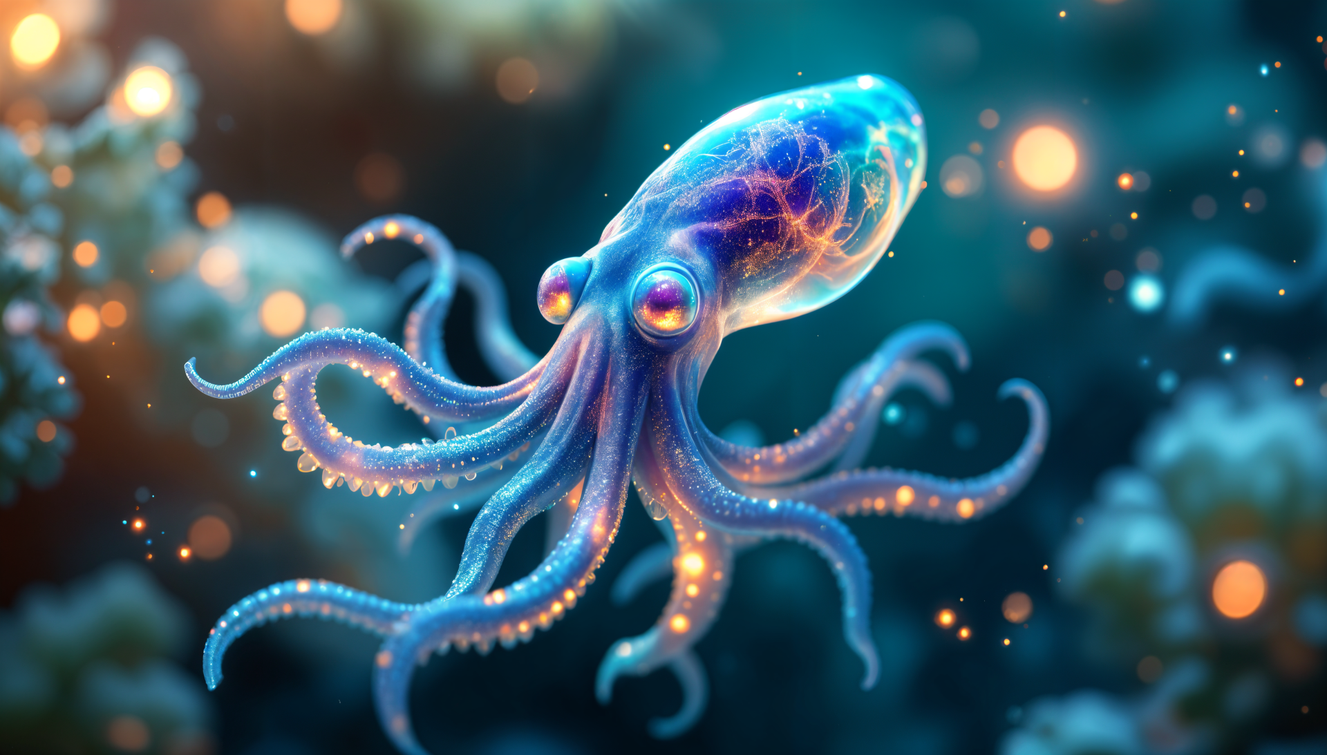 A vibrant, glowing squid with intricate details floats through a dreamy underwater scene, creating an eye-catching 4K Ultra HD desktop wallpaper and background.