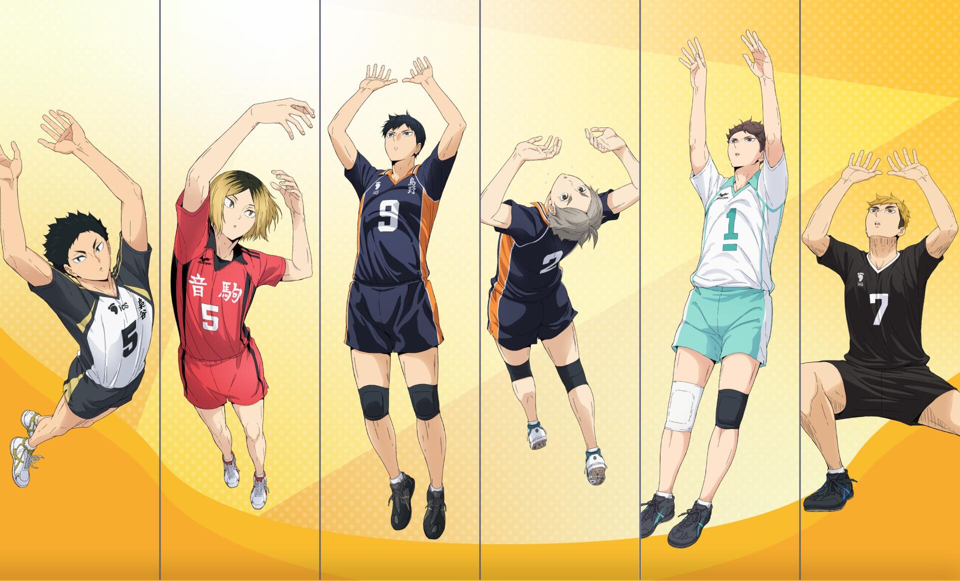 2K Quad HD PC desktop wallpaper of Haikyū!! anime: six volleyball players in vertical panels captured mid-air against a warm yellow gradient background.
