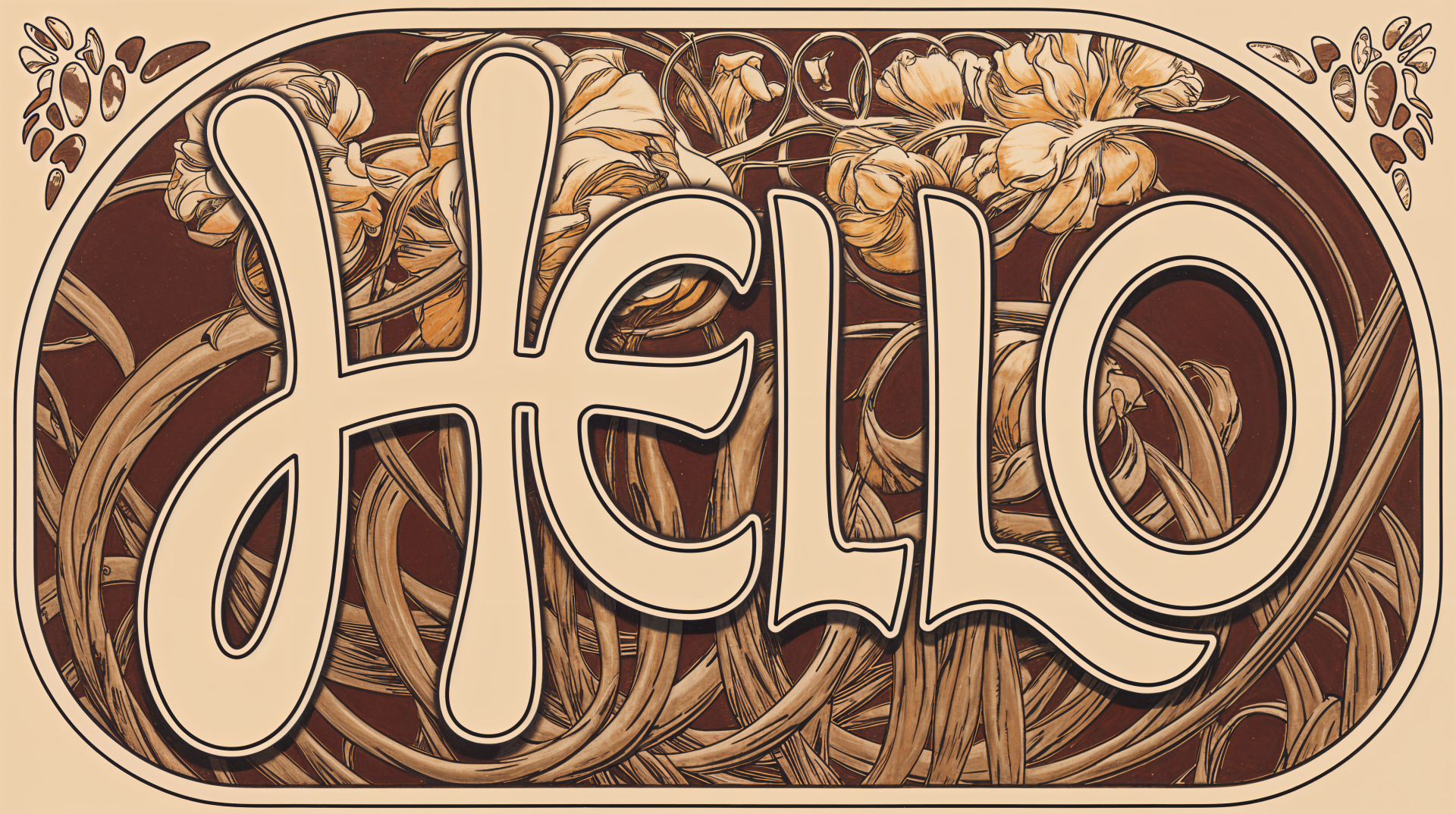 A 4K Ultra HD desktop wallpaper featuring the word Hello in a stylized font, surrounded by delicate floral designs against a warm brown background.
