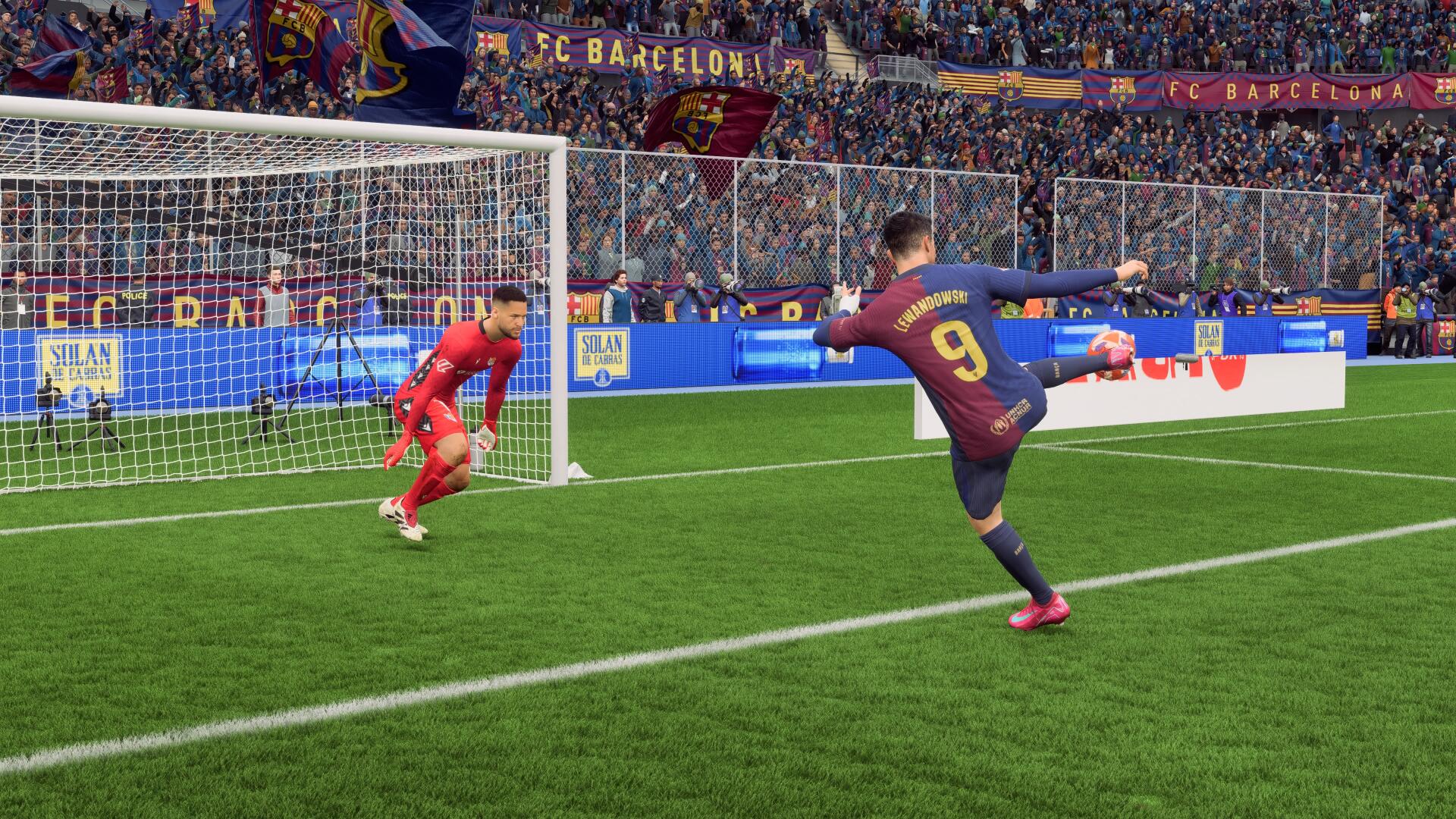 A dynamic scene from EA SPORTS FC 25 features a player in a Barcelona kit preparing to take a penalty kick, set against an energetic stadium backdrop in 4K Ultra HD.