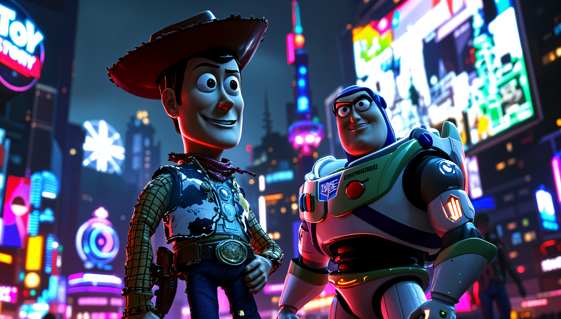 4K Ultra HD Toy Story wallpaper featuring Woody and Buzz Lightyear standing together against a vibrant, neon-lit cityscape background on a PC desktop.