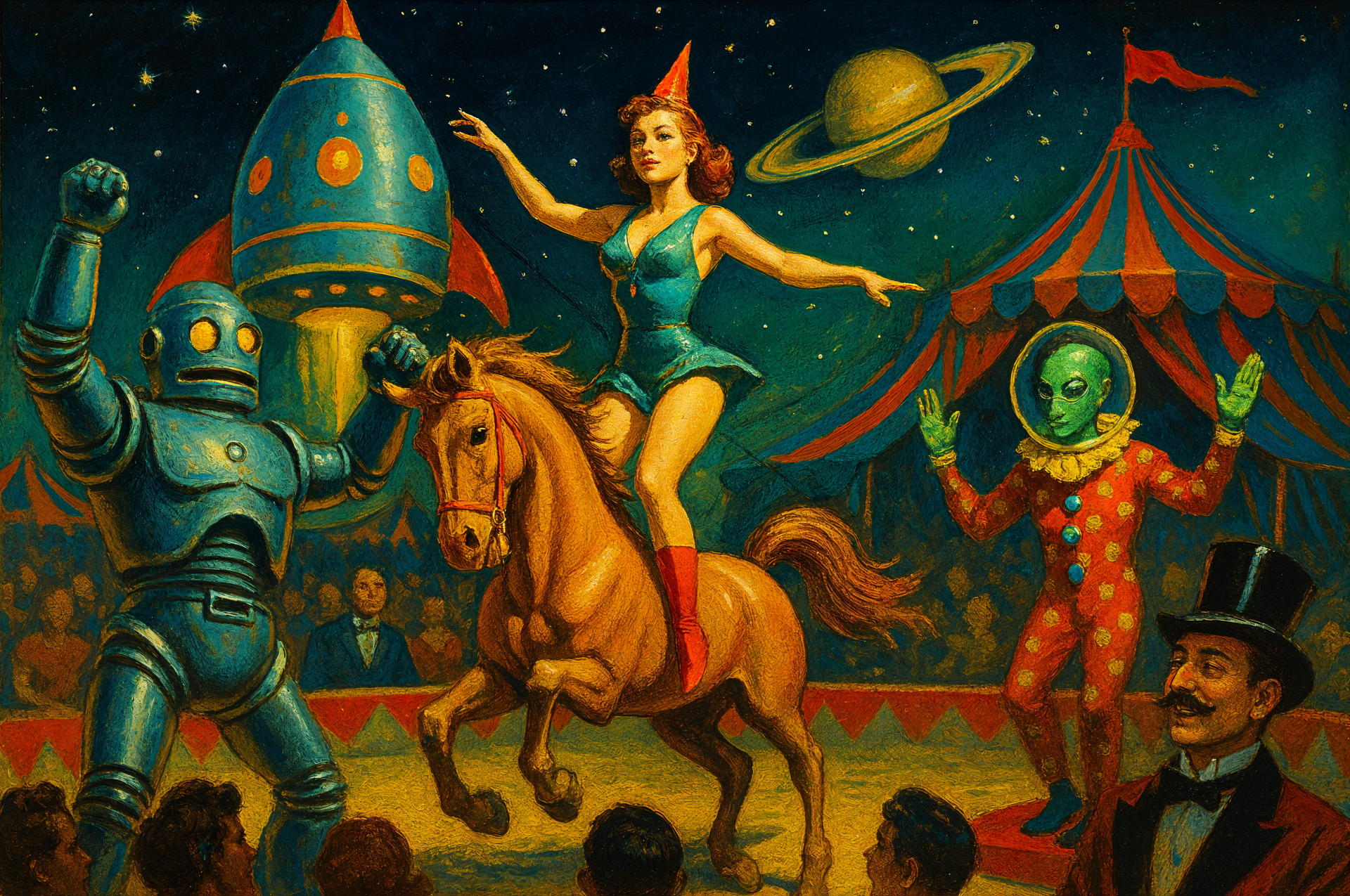 A vibrant 4K Ultra HD circus wallpaper features a robot, a woman balancing on a horse, an alien in a clown suit, and a ringmaster beneath a starry sky with Saturn visible.