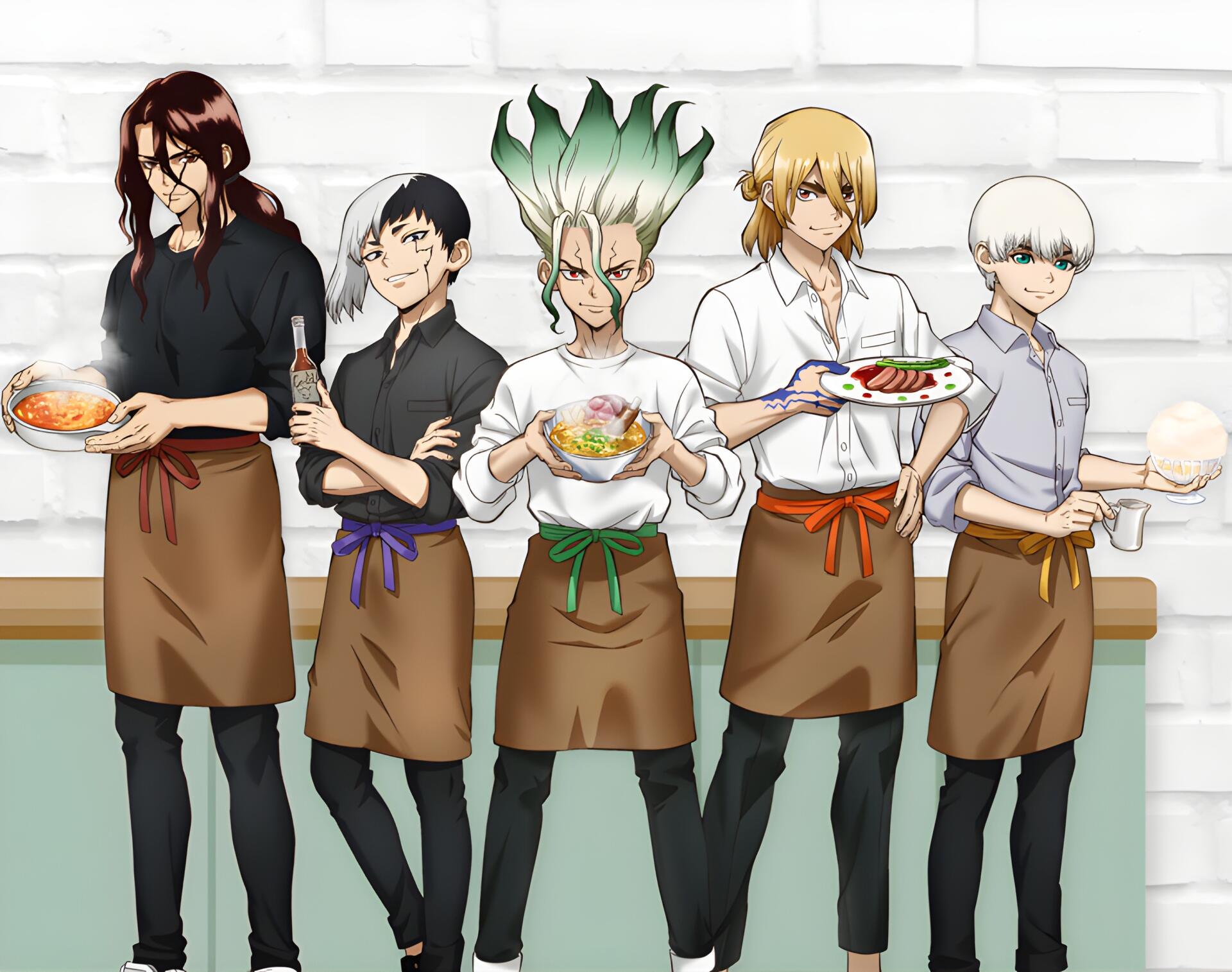 Anime, Dr. Stone — 2K Quad HD PC desktop wallpaper/background: five characters in aprons presenting colorful dishes against a white brick wall.