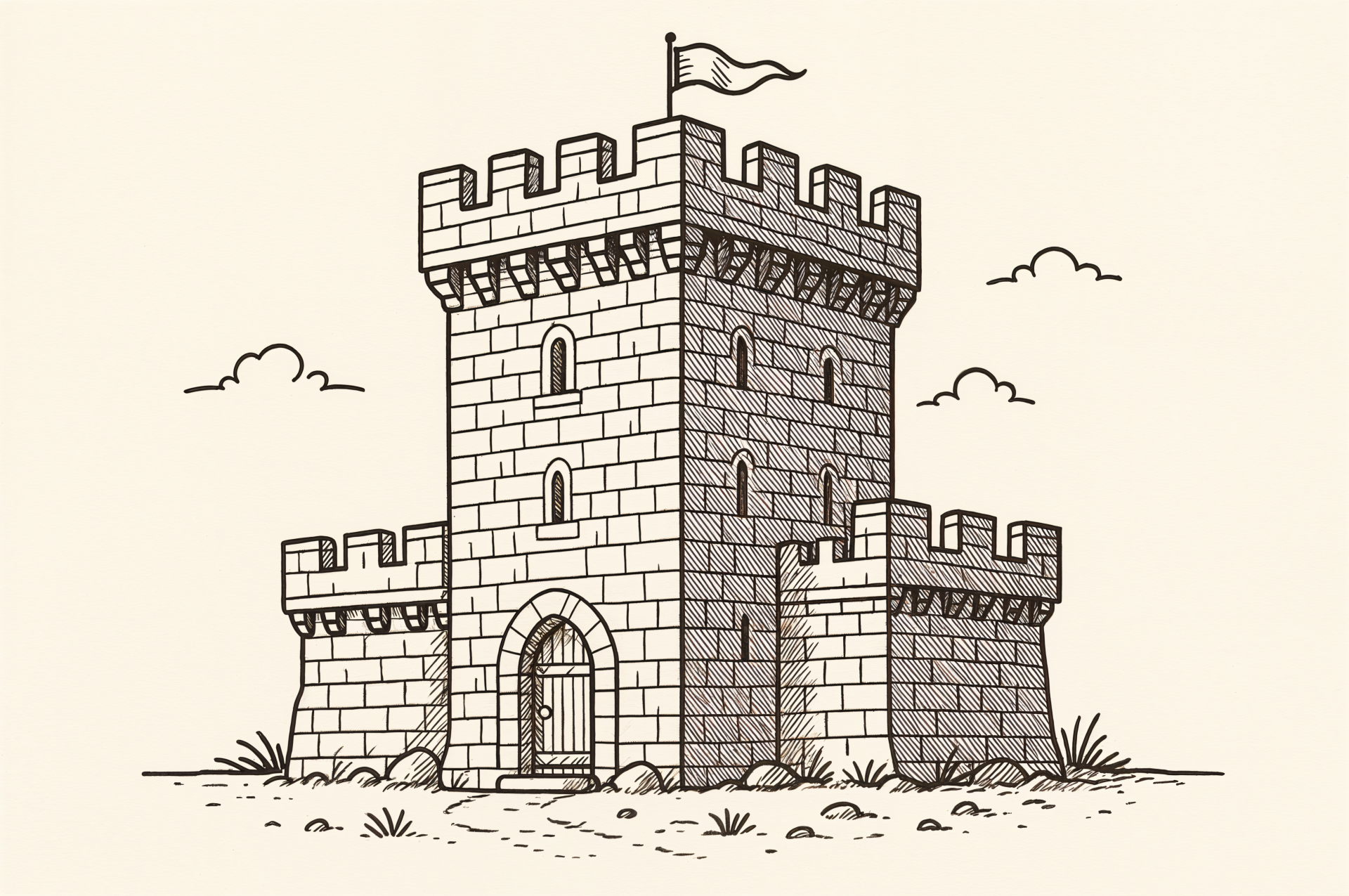 Illustration of a fortified tower with battlements and a flag, rendered in a sketch style, designed as a 4K Ultra HD PC desktop wallpaper and background.