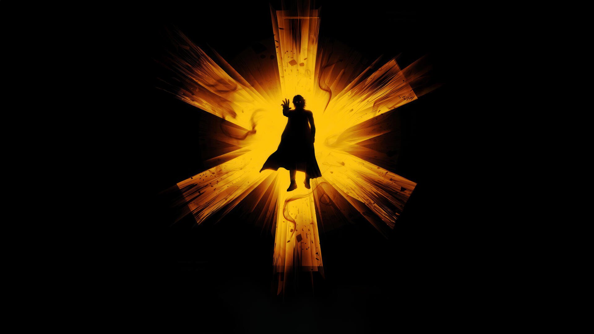 Silhouette of a figure with a cape standing against a glowing, explosive yellow and orange backdrop, featured in the Thunderbolts* (2025) 4K Ultra HD PC desktop wallpaper.
