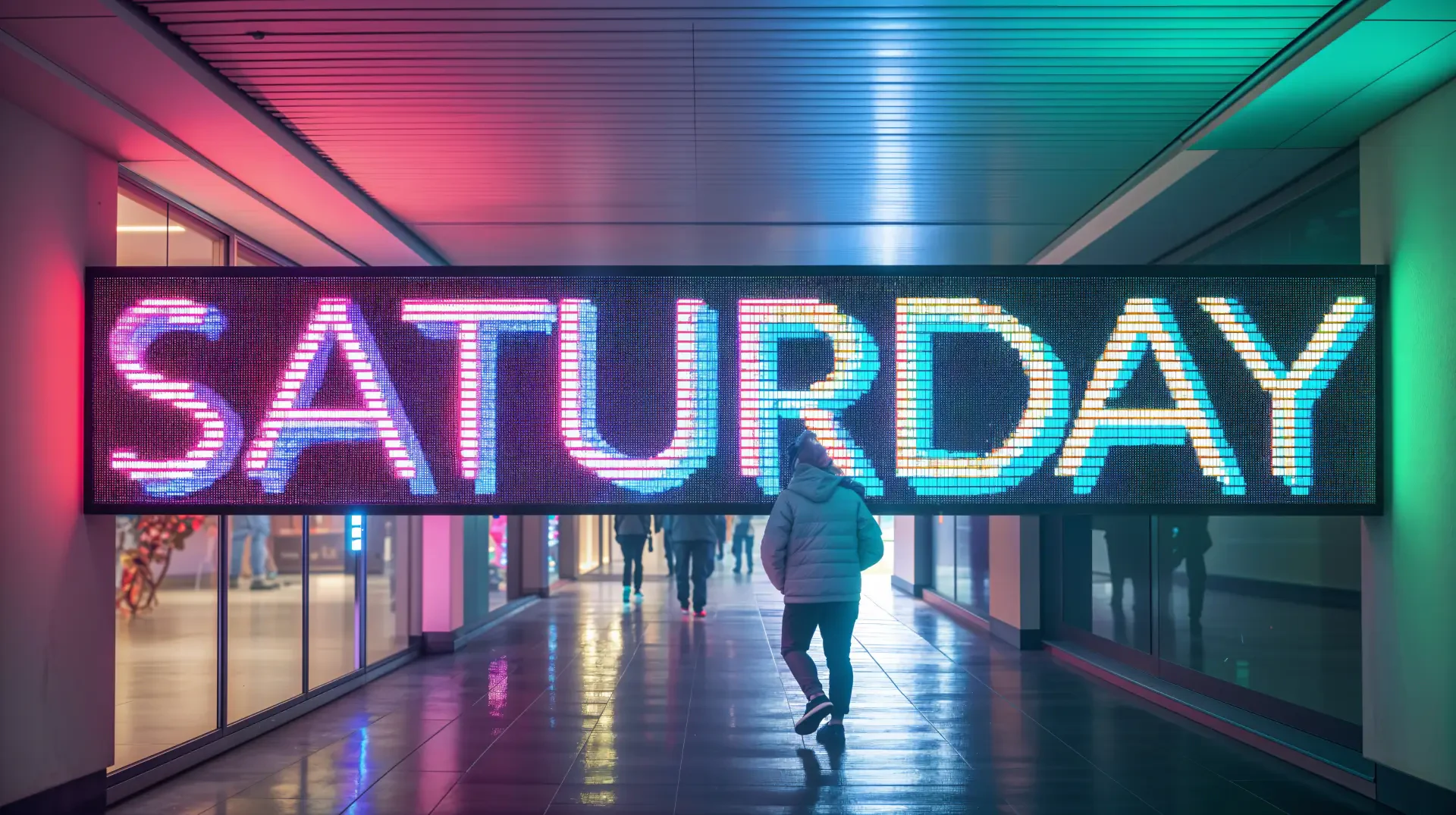 A vibrant 4K Ultra HD PC desktop wallpaper featuring a glowing neon sign displaying SATURDAY in a modern urban walkway.