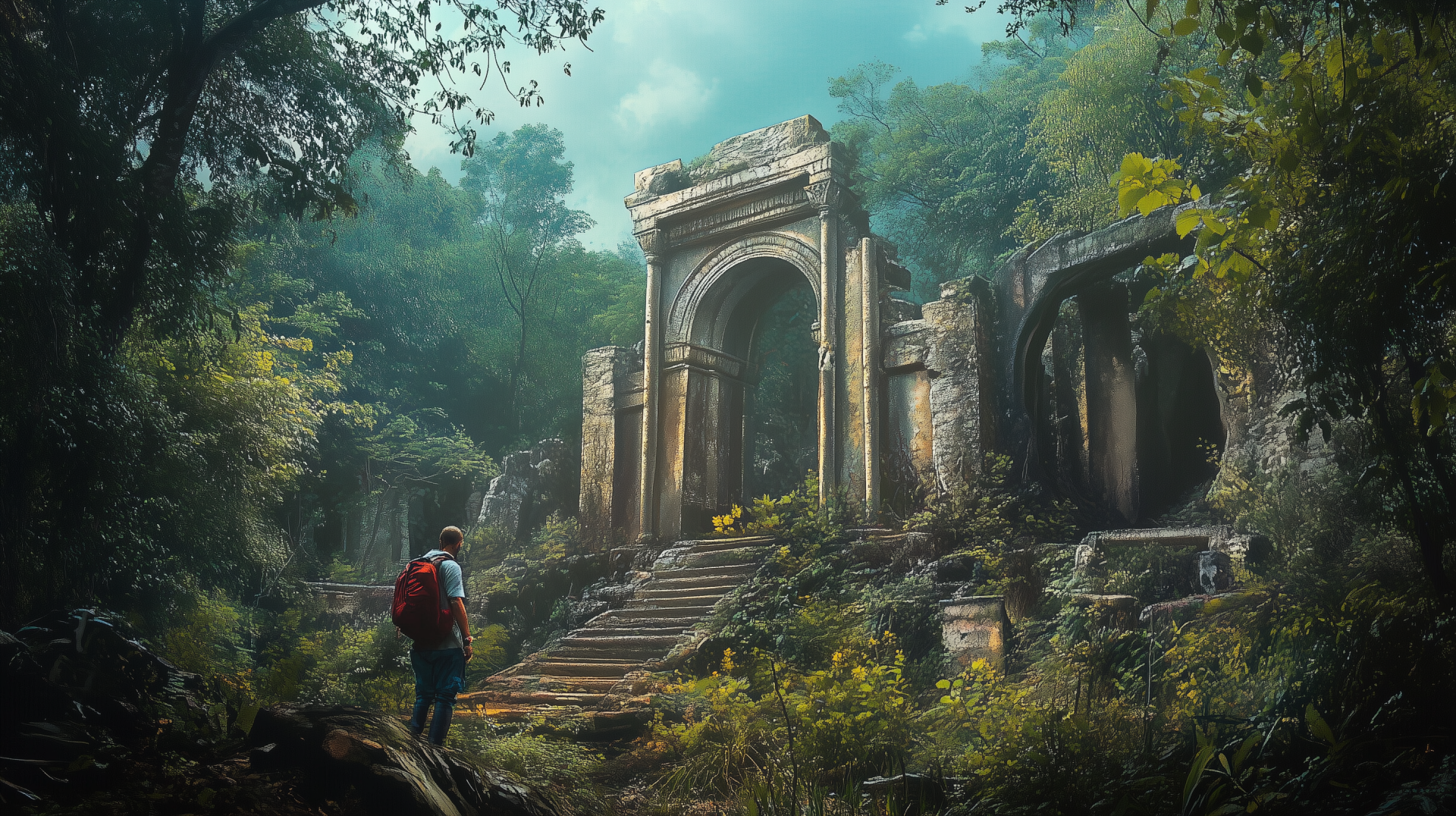 HD wallpaper of a lone explorer discovering ancient jungle ruins surrounded by dense greenery and misty atmosphere.