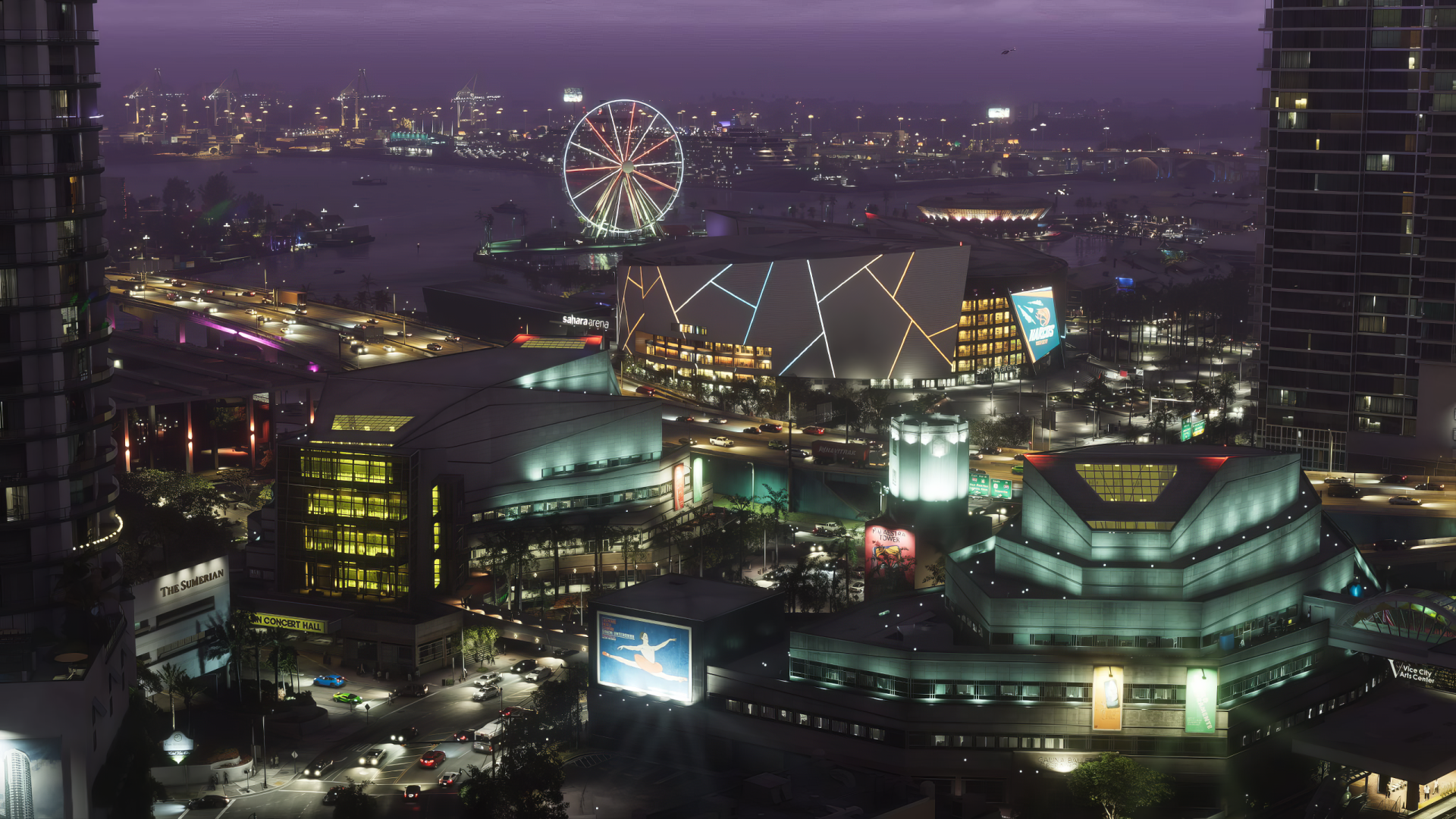 HD PC desktop wallpaper showcasing a vibrant Grand Theft Auto VI gaming environment with a detailed cityscape at night, featuring illuminated buildings and a Ferris wheel.