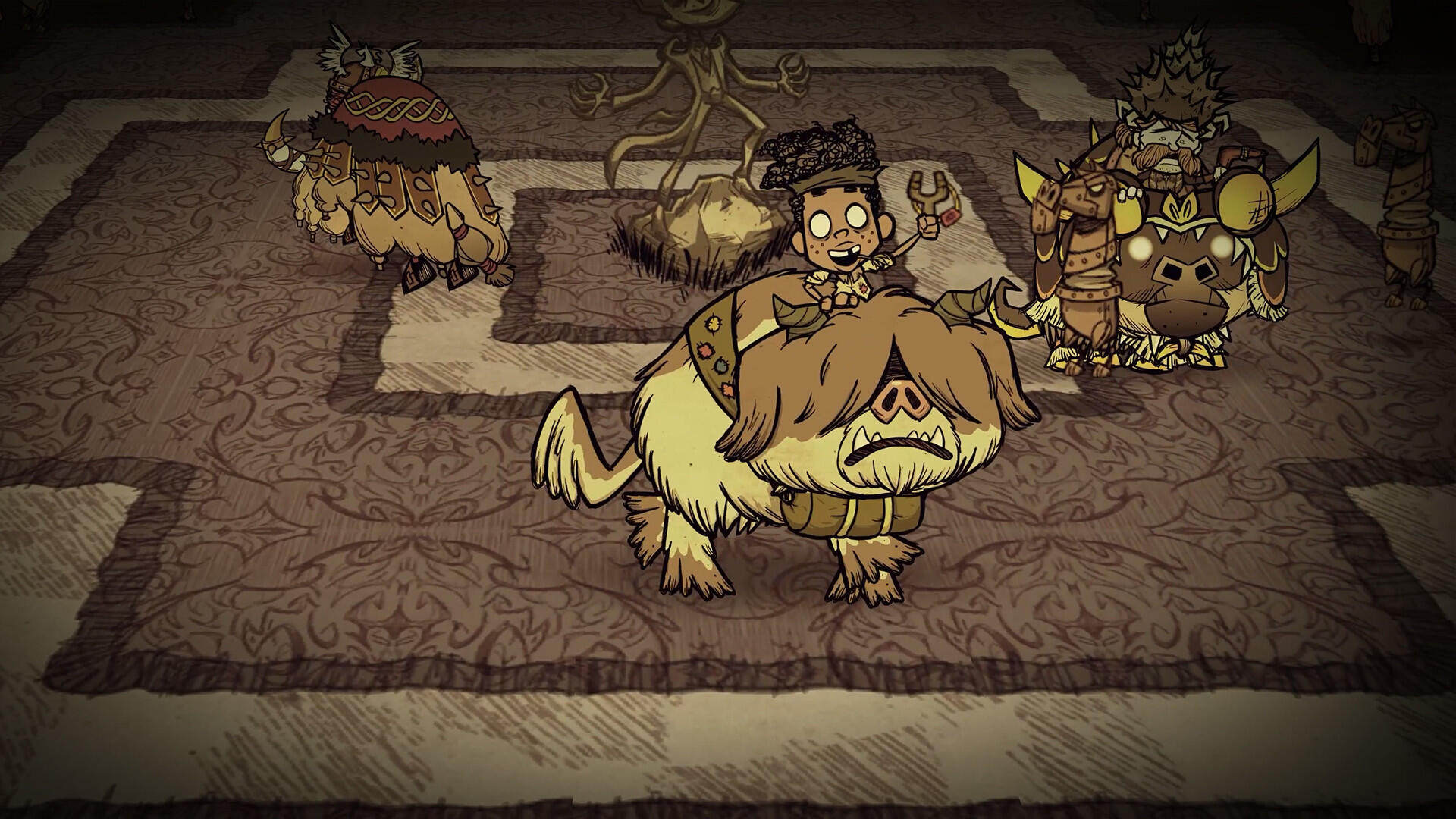HD desktop wallpaper from the video game Don't Starve Together, featuring stylized characters and creatures in a dark, detailed environment.