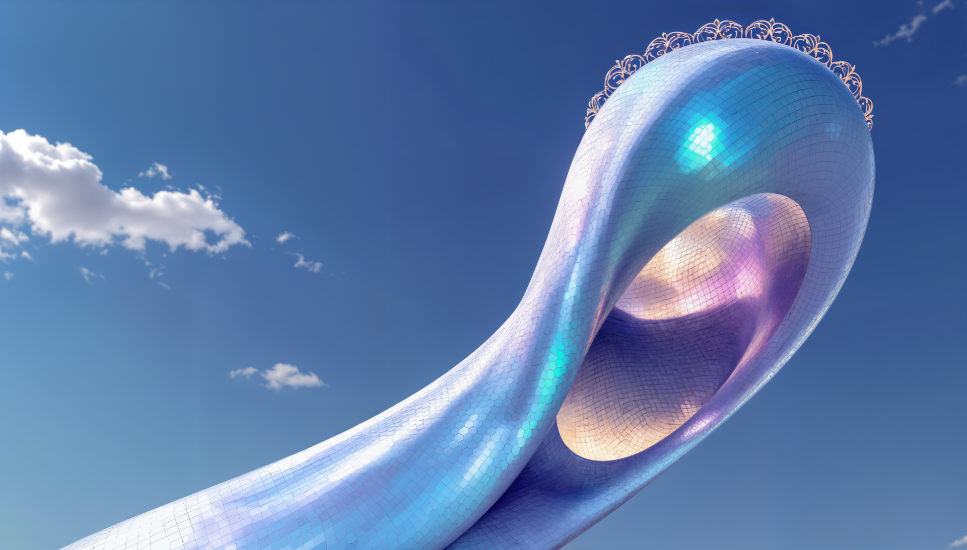 A surreal architectural structure with smooth, flowing curves and iridescent surfaces against a clear blue sky, captured in striking 4K Ultra HD detail for PC desktops.