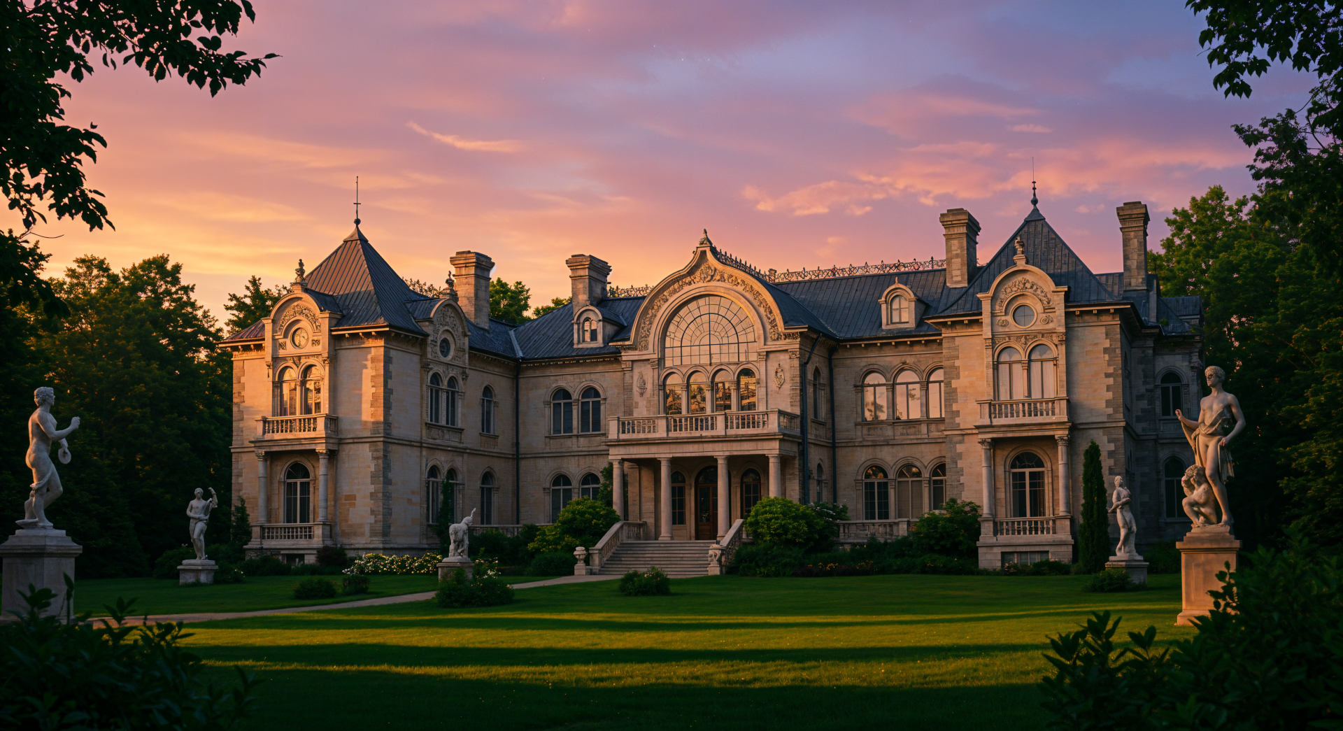 4K Ultra HD desktop wallpaper showcasing a grand mansion bathed in warm sunset light, surrounded by lush greenery and elegant statues.