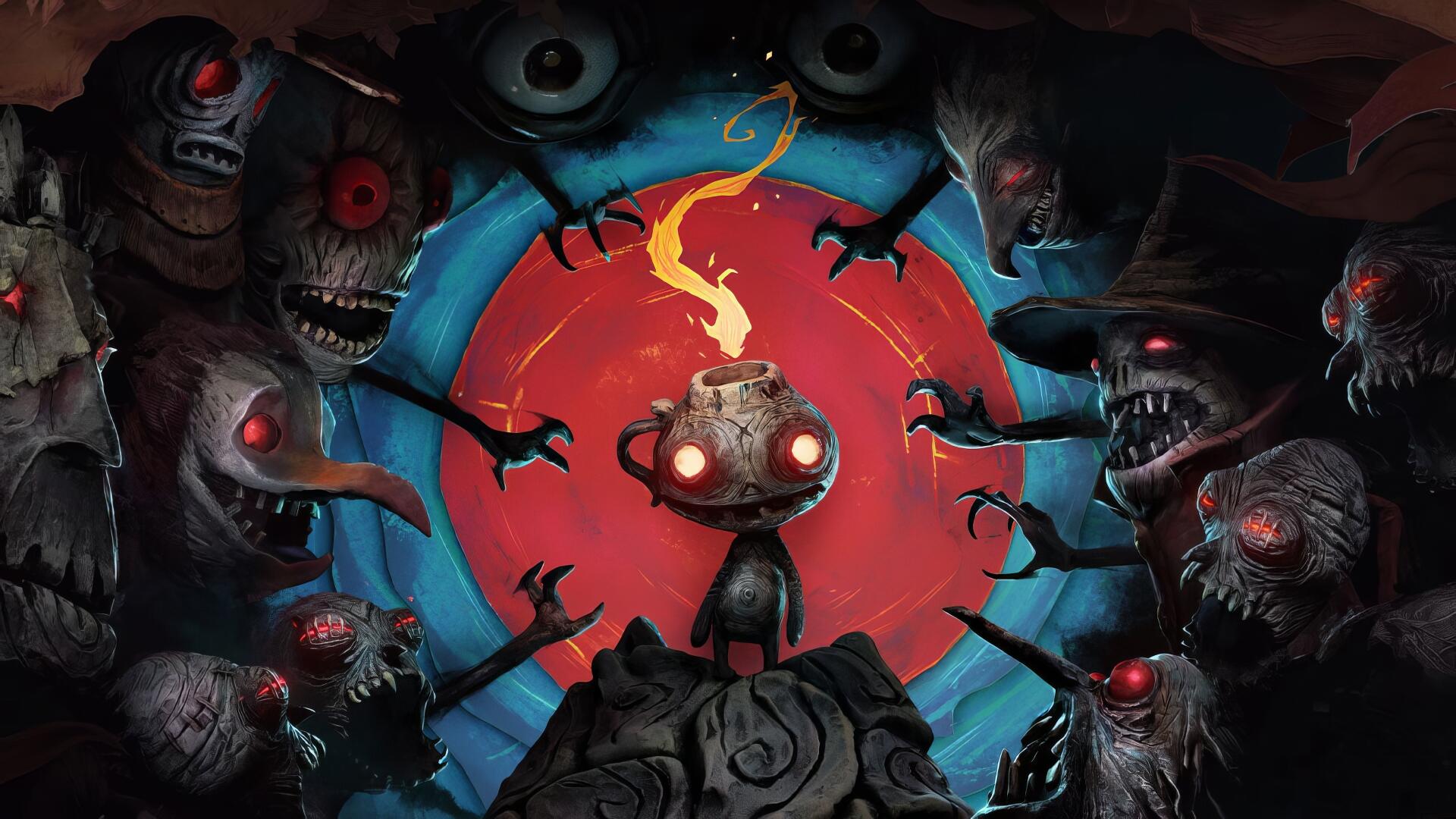 HD PC desktop wallpaper from the video game The Midnight Walk, featuring a small glowing monster surrounded by eerie creatures in a dark, surreal environment.