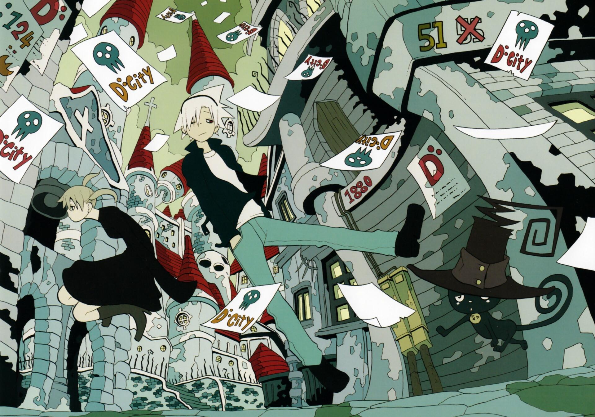 HD anime wallpaper featuring Soul Evans and Maka Albarn from Soul Eater amidst floating papers with skull and D symbols in a surreal, stylized urban background.