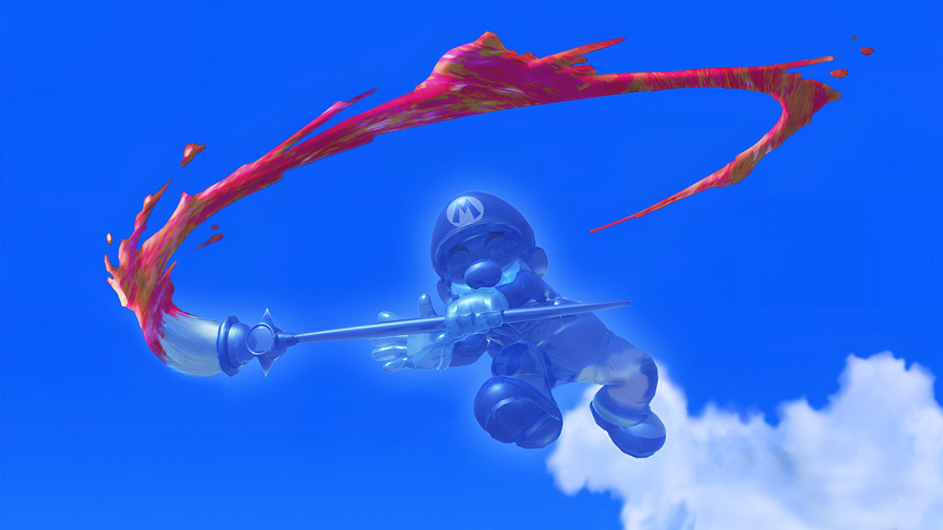 HD PC desktop wallpaper of Mario wielding a brush, painting a bold red stroke against a vivid blue sky in a dynamic video game scene.