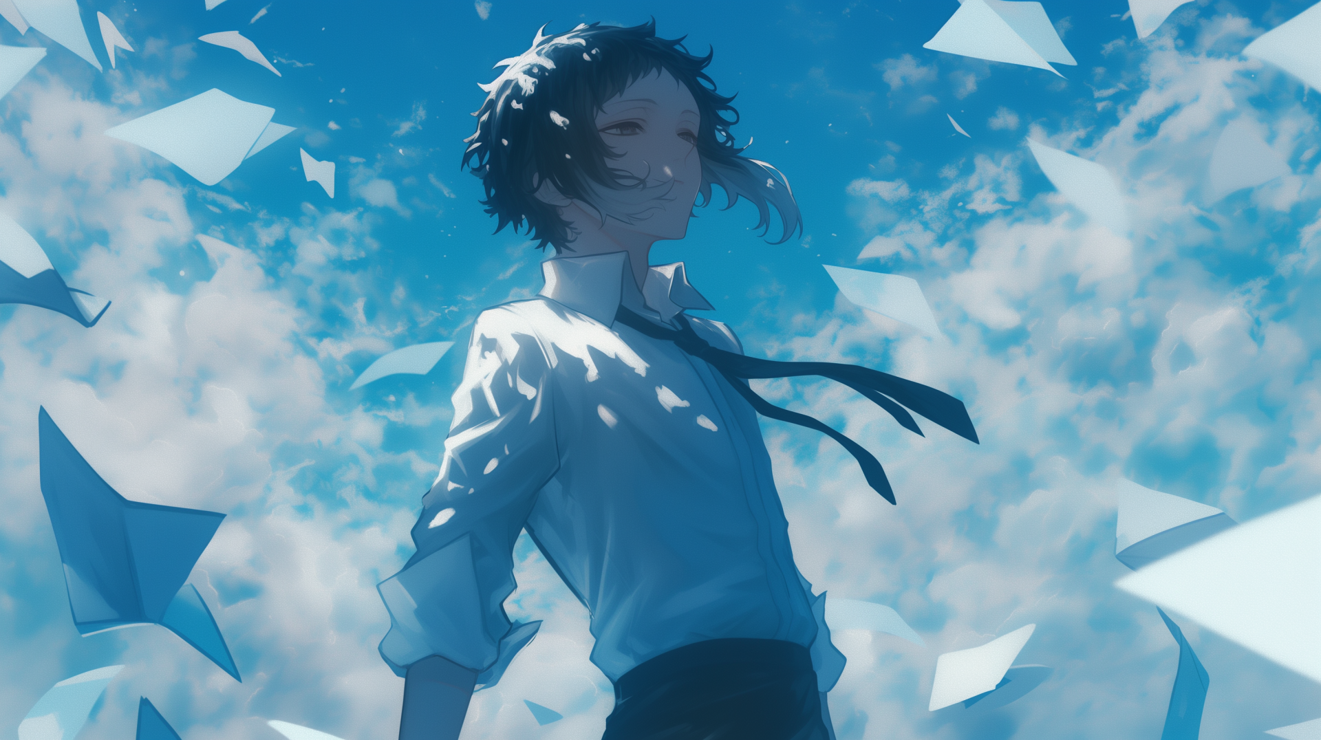 HD anime desktop wallpaper featuring Ryūnosuke Akutagawa from Bungou Stray Dogs, set against a blue sky with floating geometric shapes.