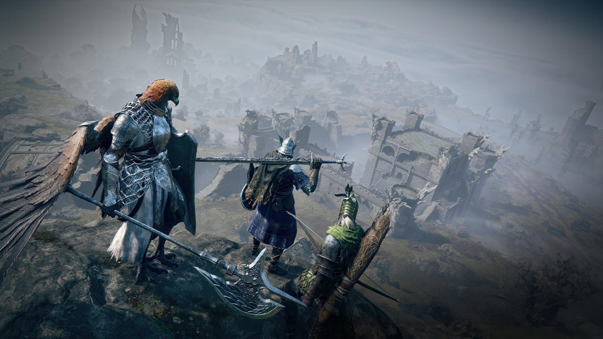 Elden Ring Nightreign warrior overlooking a foggy battlefield, captured in stunning 4K Ultra HD for PC desktop wallpaper and background.