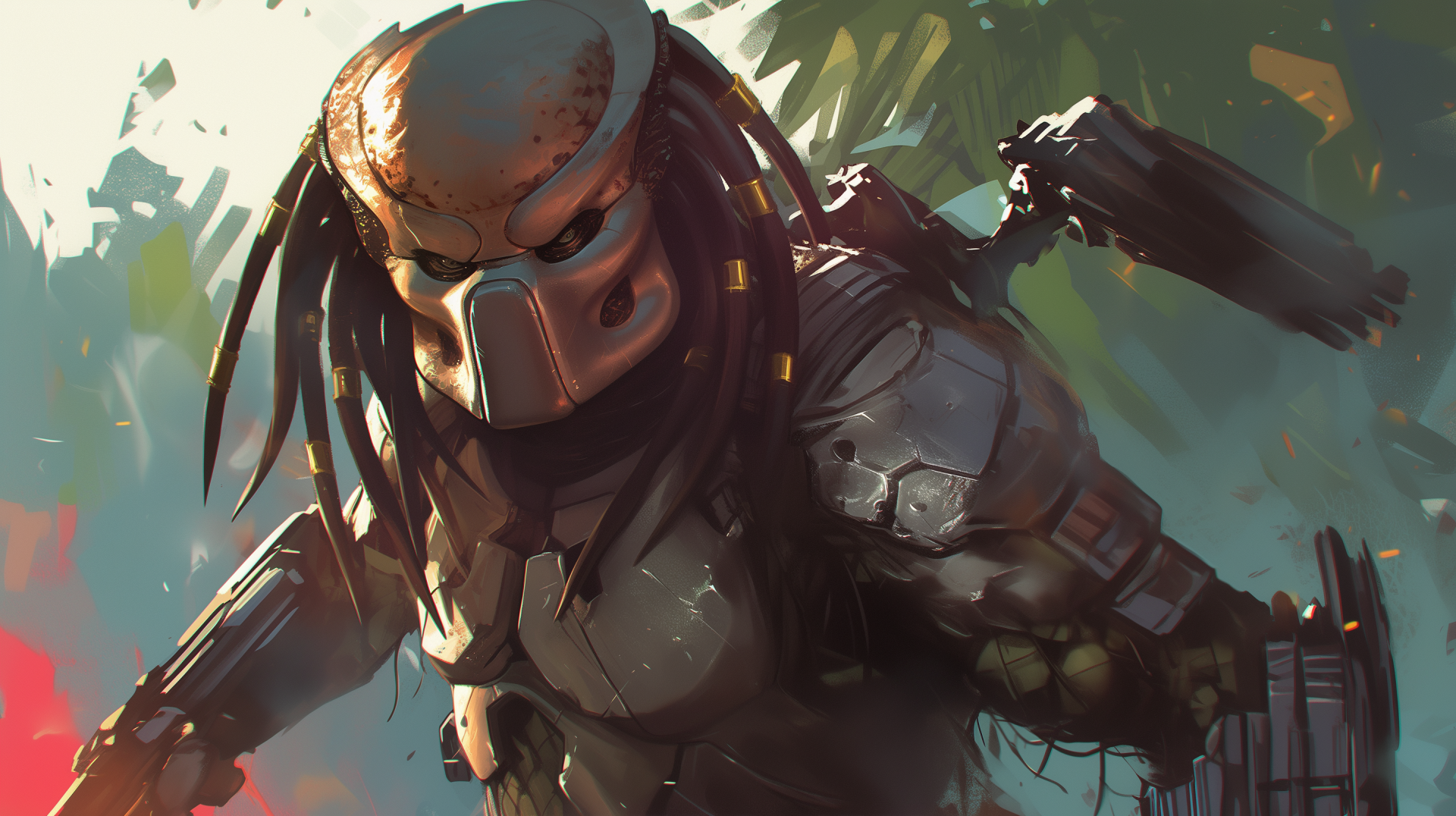 HD PC desktop wallpaper featuring a fierce Predator from the Alien vs. Predator universe in dynamic battle-ready pose.