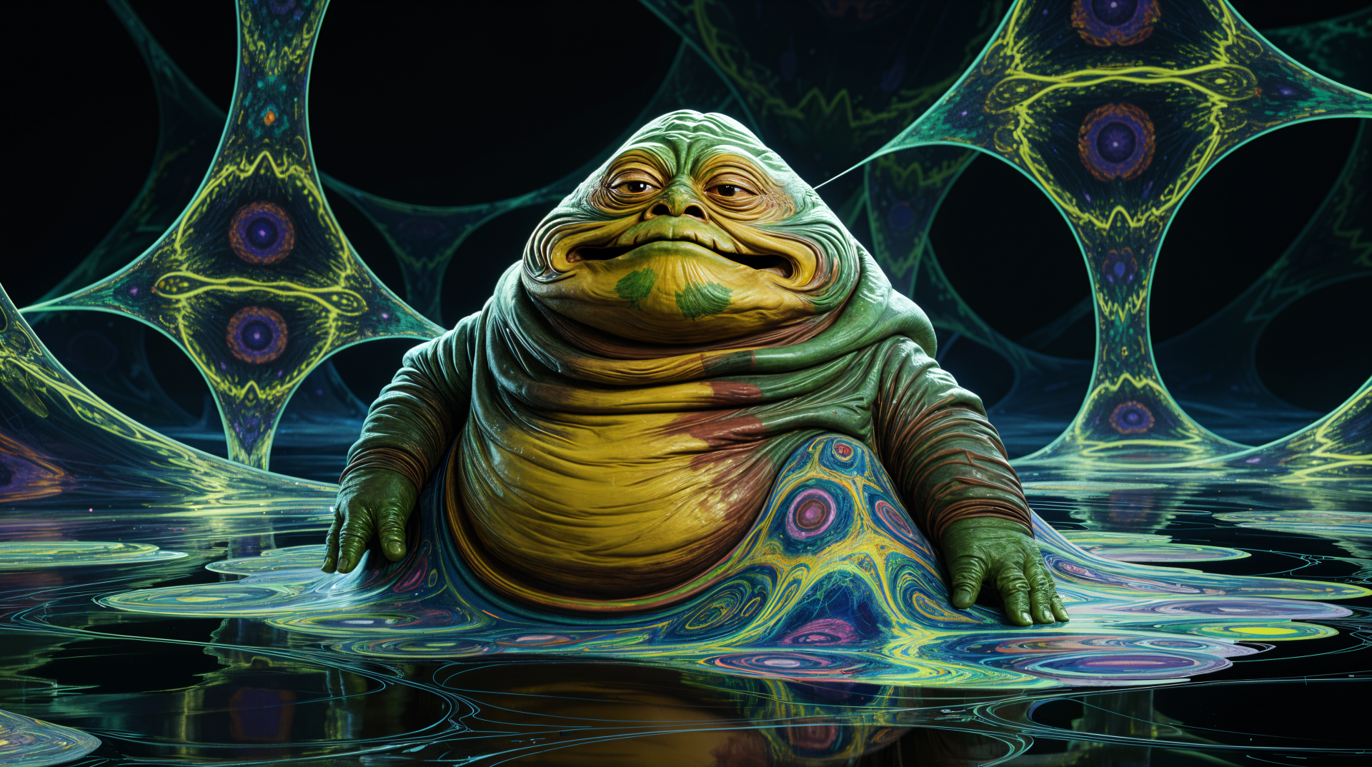 4K Ultra HD PC desktop wallpaper featuring Jabba the Hutt surrounded by intricate, glowing fractal patterns in a surreal, otherworldly environment.