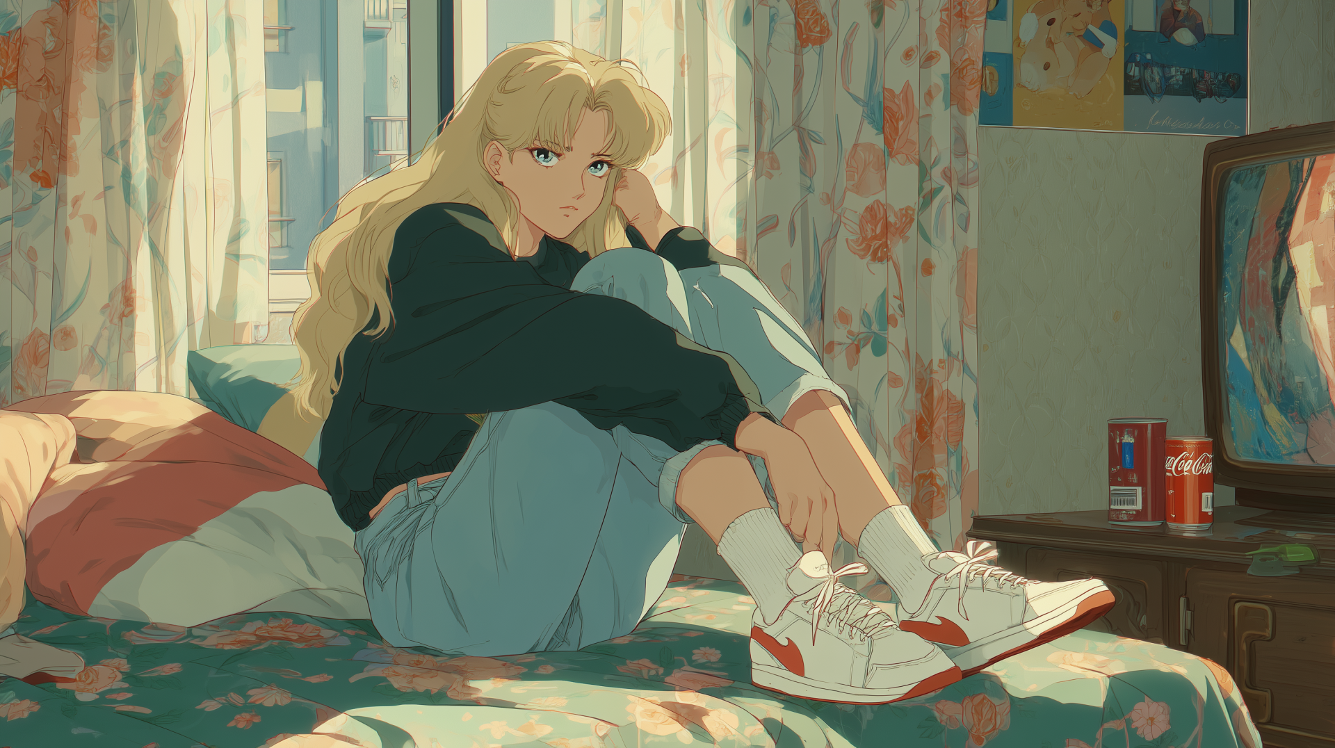 Retro anime-style illustration of a blonde anime girl sitting on a bed in a vintage-themed room, featured as an HD PC desktop wallpaper and background.