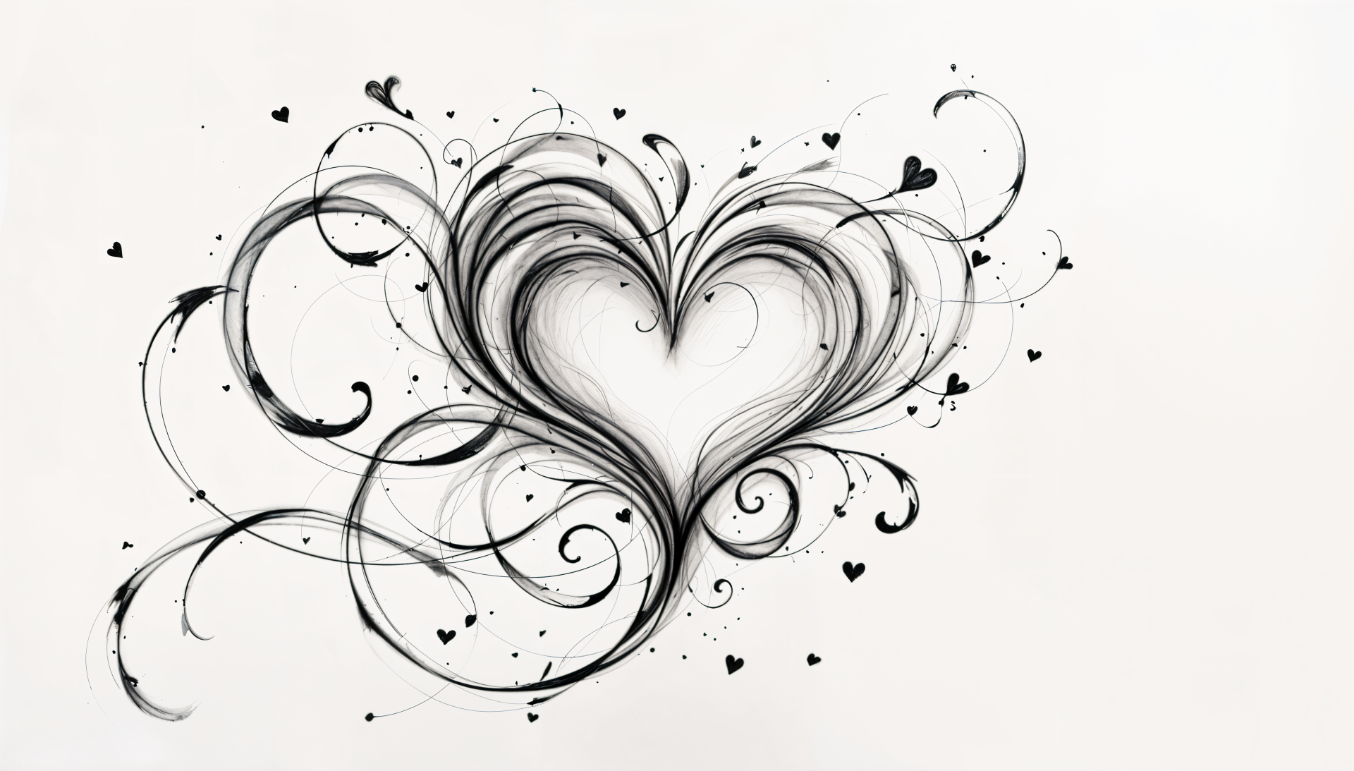 Elegant black and white heart with swirling floral patterns, designed as a 4K Ultra HD Valentine-themed PC desktop wallpaper and background.