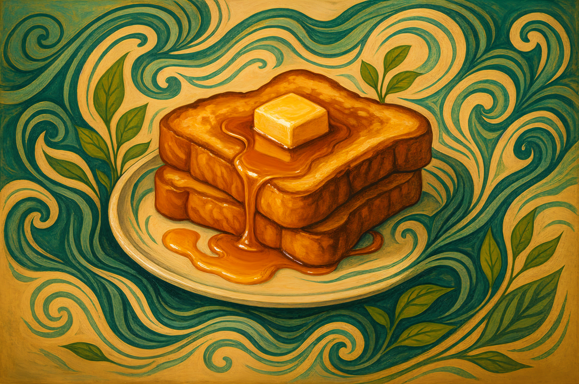 A 4K Ultra HD PC wallpaper featuring a stylized stack of French toast with melting butter and syrup, set against a swirling, decorative background.