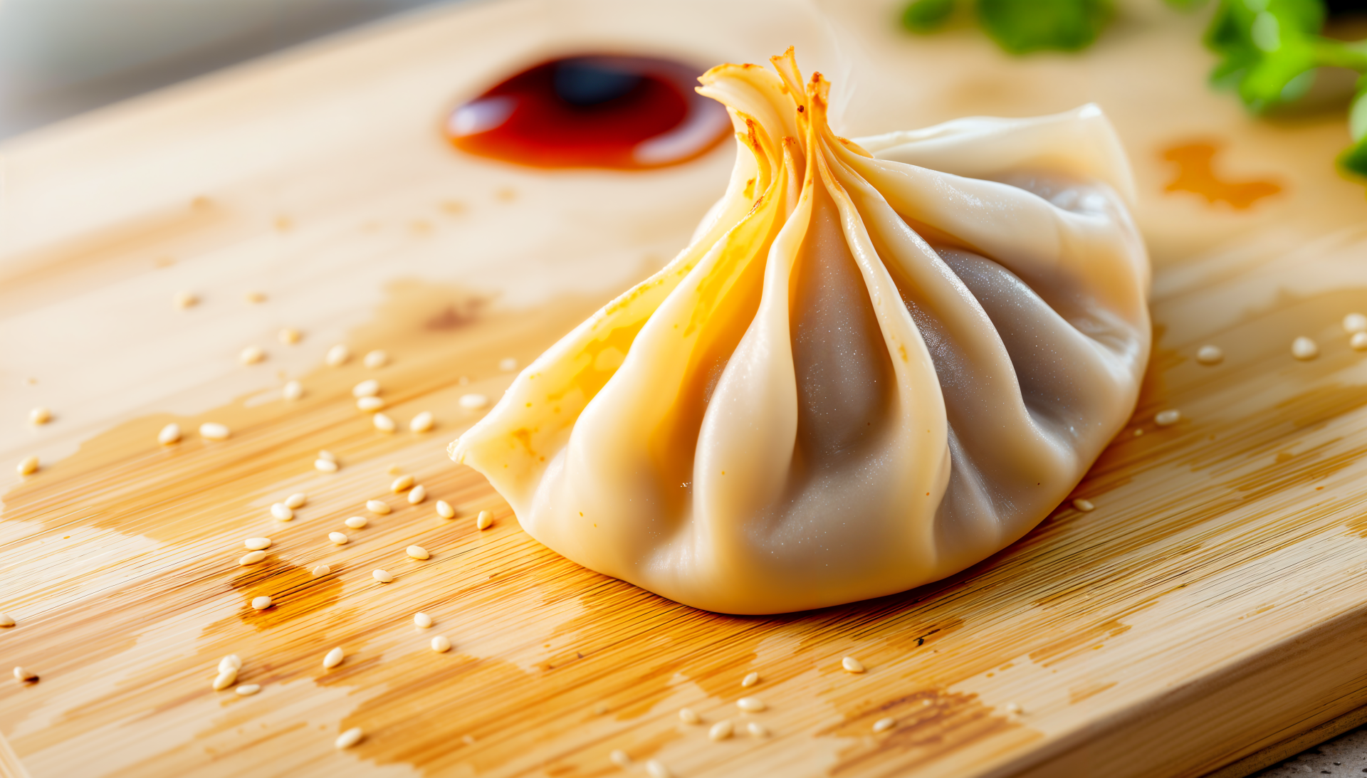 Close-up of a single steamed potsticker on a wooden board with a dipping sauce in the background, captured in vibrant 4K Ultra HD for PC desktop wallpaper.