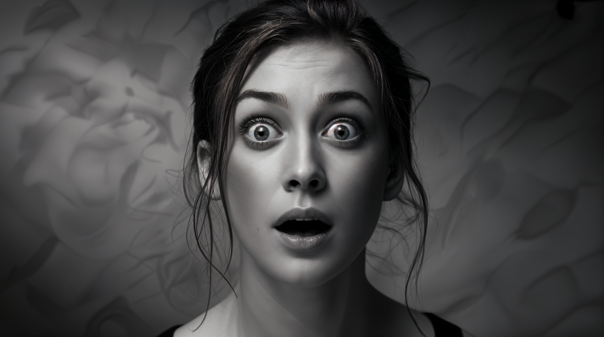 Black and white 4K Ultra HD PC desktop wallpaper of a woman with wide eyes and open mouth, expressing surprise against a blurred background.