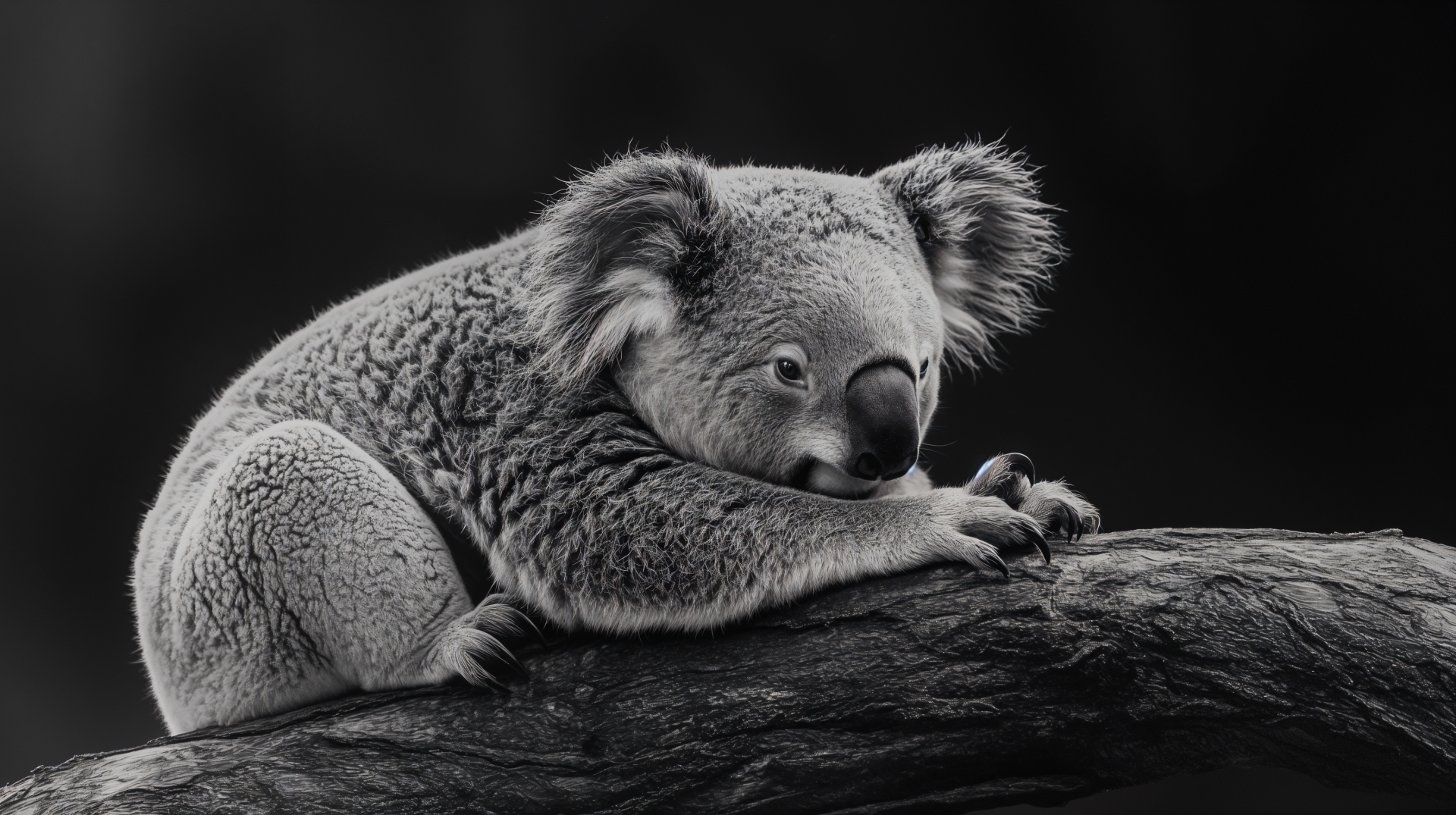 A close-up black and white 4K Ultra HD image of a koala resting on a tree branch, featured as a PC desktop wallpaper and background.