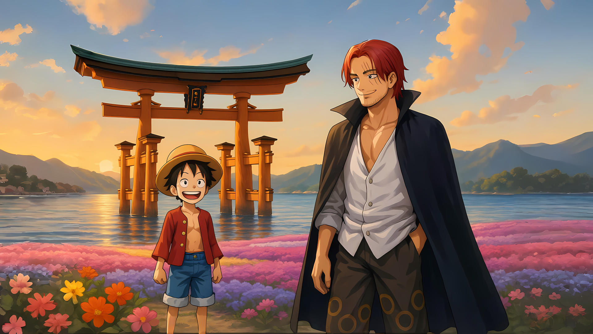 Anime 8K Ultra HD PC wallpaper of One Piece: Monkey D. Luffy laughing beside Shanks by a torii gate over water at sunset, vibrant flower fields and distant mountains in the background.
