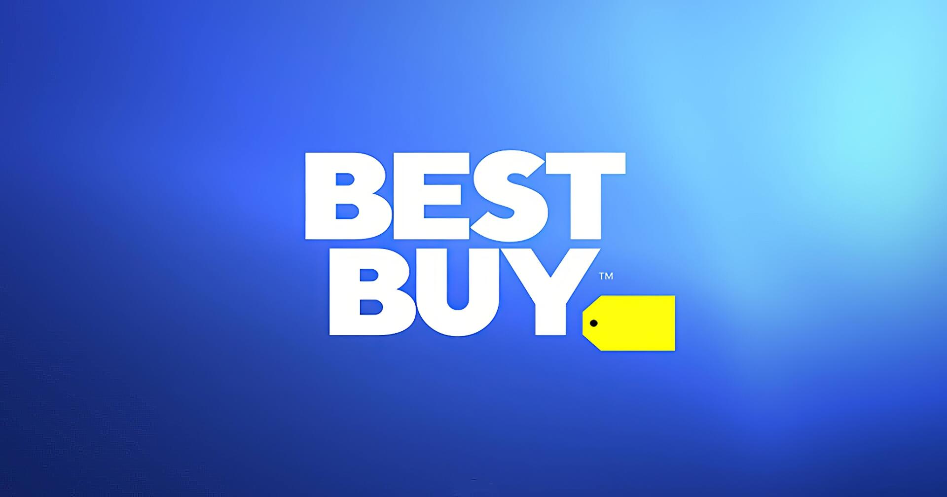HD PC desktop wallpaper featuring the Best Buy logo with bold white text and a yellow price tag icon on a blue gradient background.
