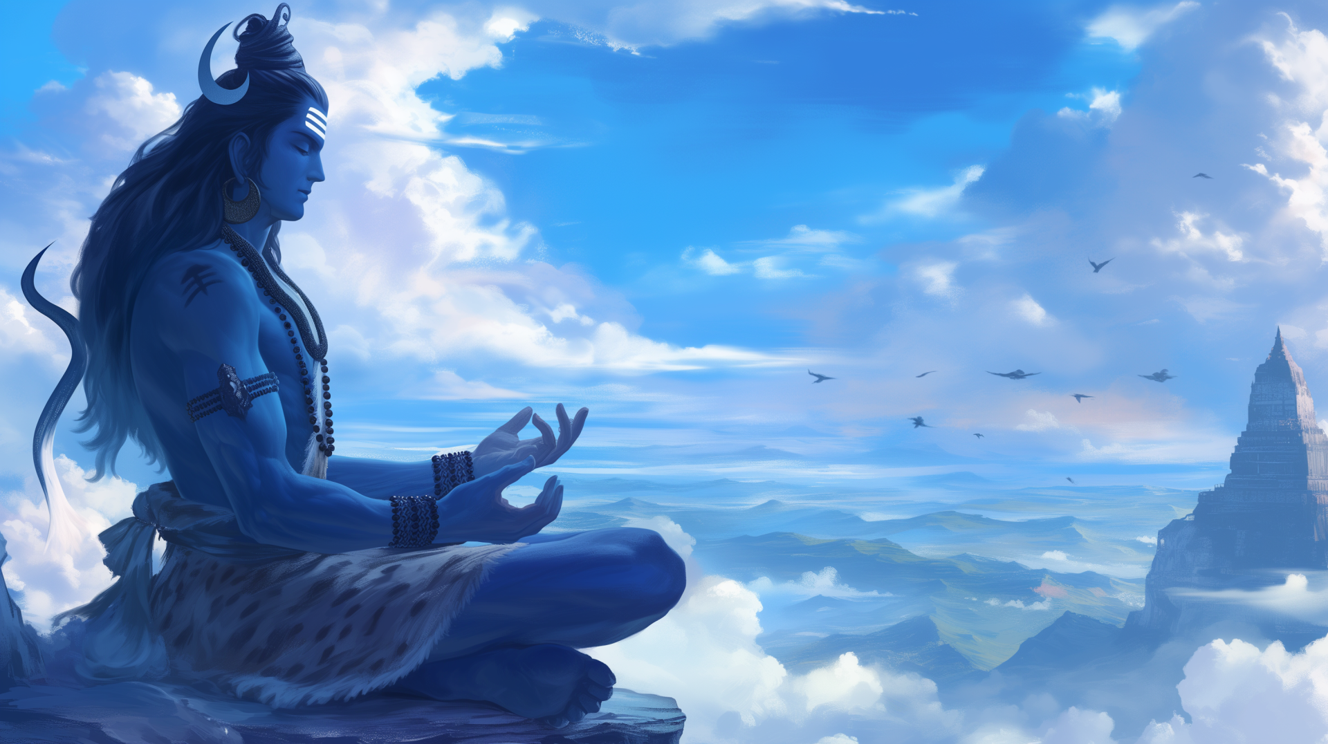 HD PC wallpaper depicting Lord Shiva, also known as Mahadev, meditating peacefully above the clouds in a serene religious scene.