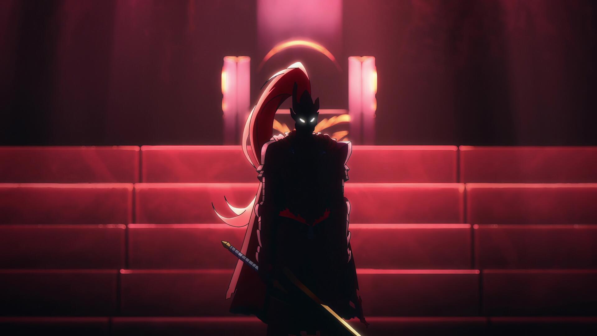 Anime HD desktop wallpaper featuring Igris from Solo Leveling, bathed in red hues and standing prominently with a sword against a dramatic red background.