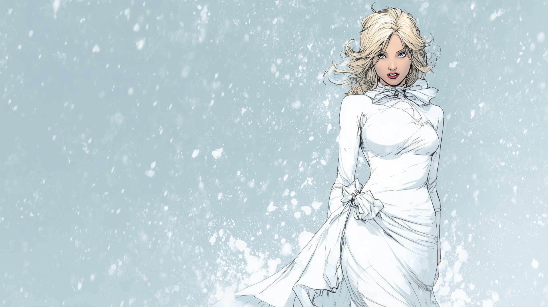 Comic-style HD PC desktop wallpaper featuring Emma Frost in a flowing white dress against a soft textured background.