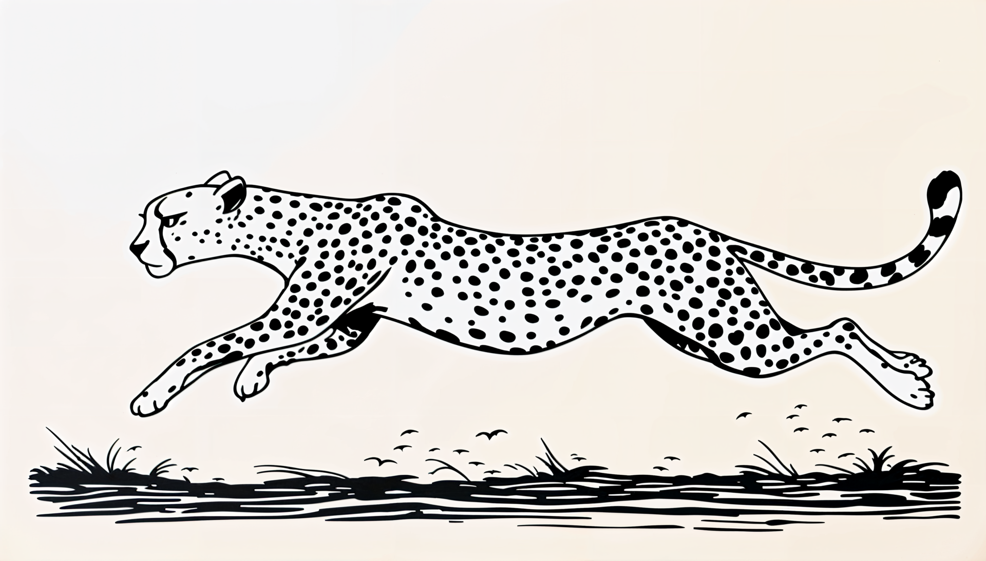 A detailed black and white illustration of a running cheetah, designed as a 4K Ultra HD PC desktop wallpaper and background.