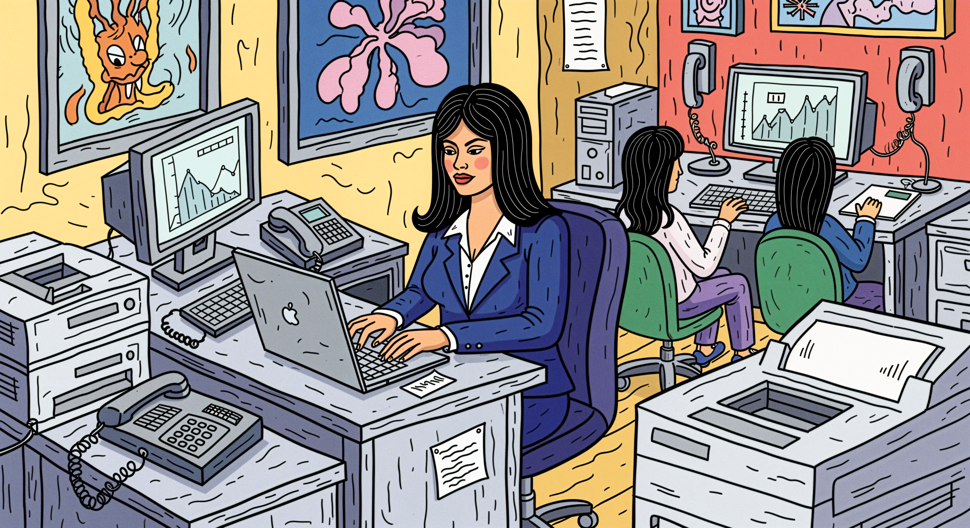 Illustration of a corporate job office scene with employees working on computers, featuring detailed 4K Ultra HD desktop wallpaper and background elements.