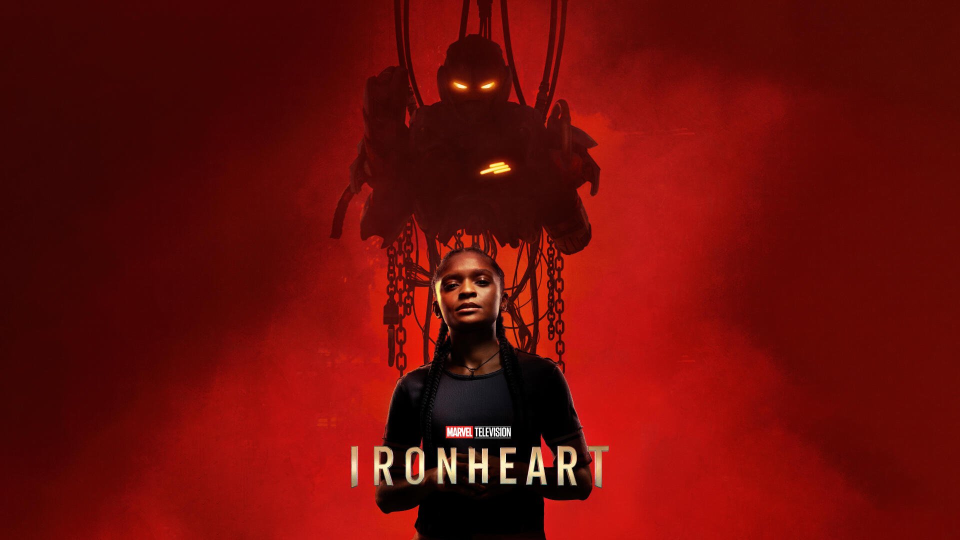 High-resolution 8K Ultra HD wallpaper featuring the TV show Ironheart with a character standing confidently against a dramatic red background and robotic figure looming behind.