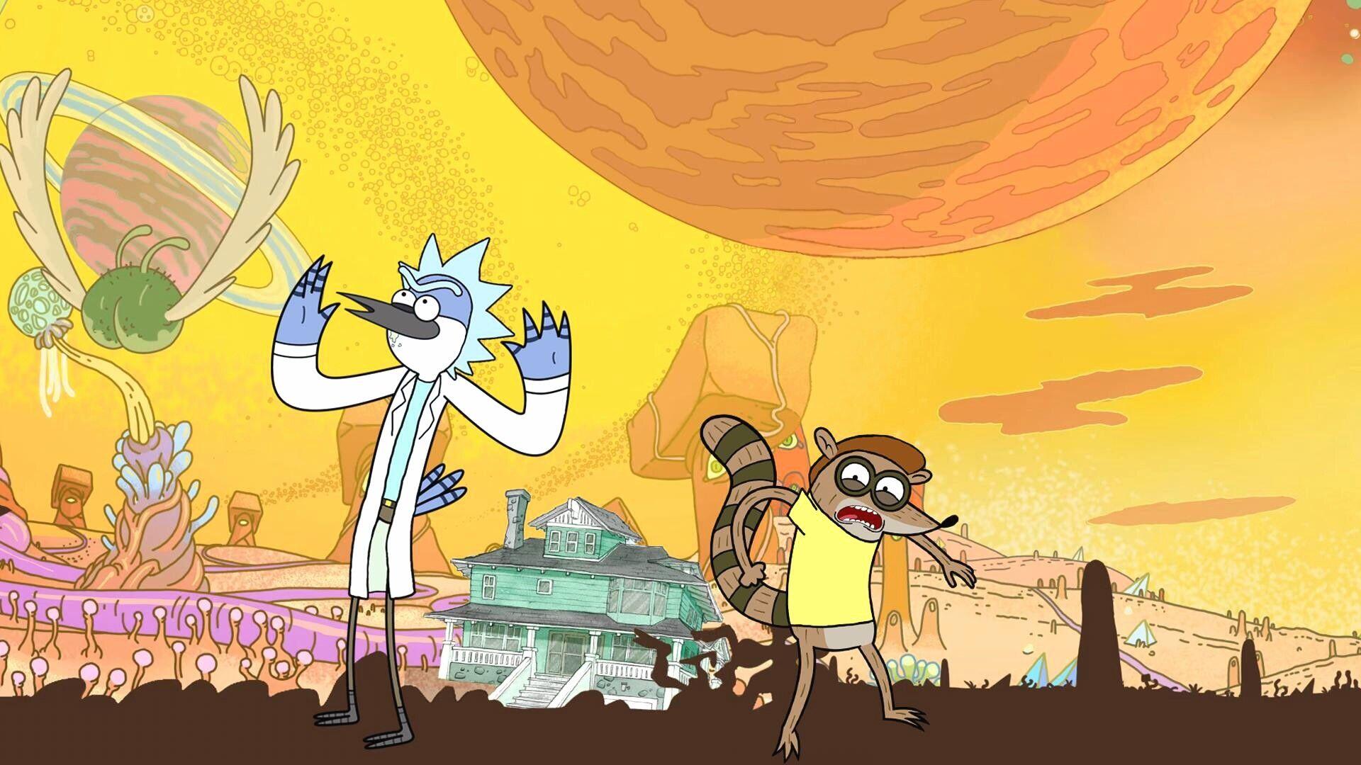 HD desktop wallpaper featuring Rick from Rick and Morty and Mordecai and Rigby from Regular Show in a vibrant, animated alien landscape.