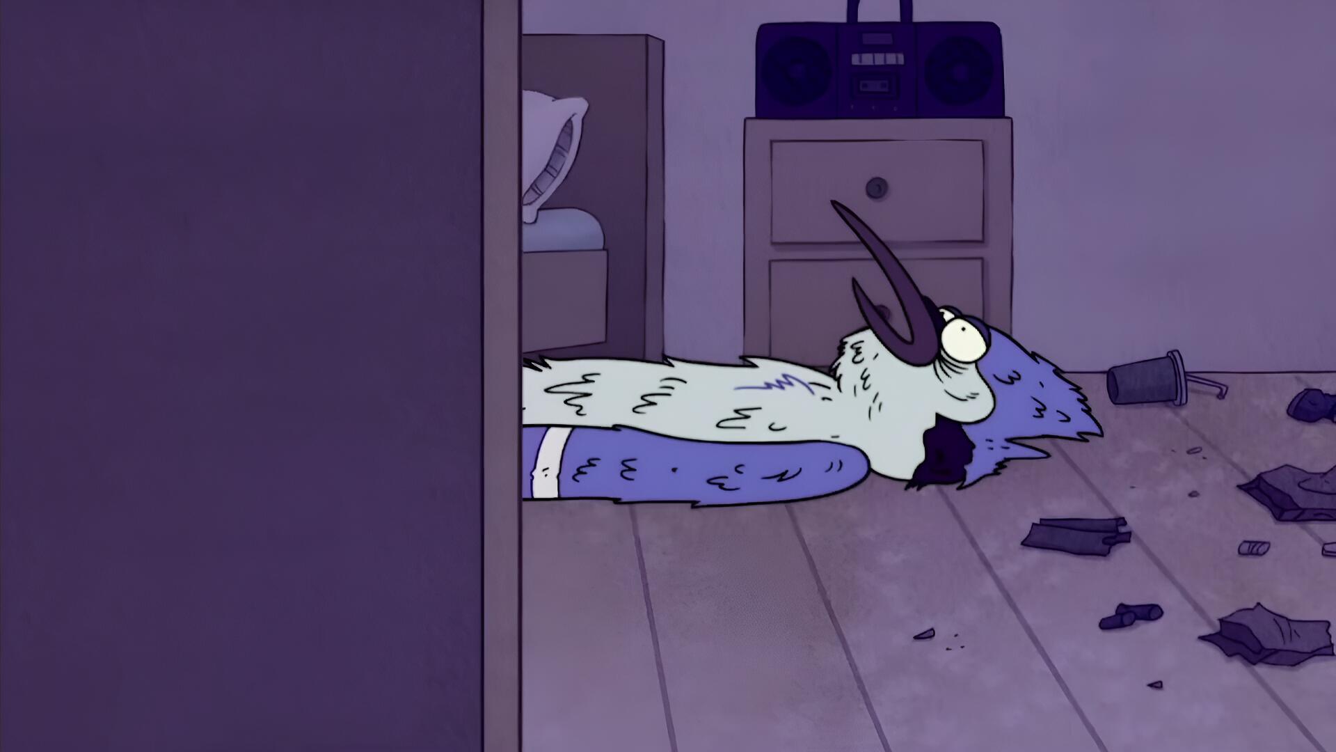 4K Ultra HD PC wallpaper featuring Mordecai from the TV show Regular Show lying on the floor in a dimly lit room with scattered broken items around him.