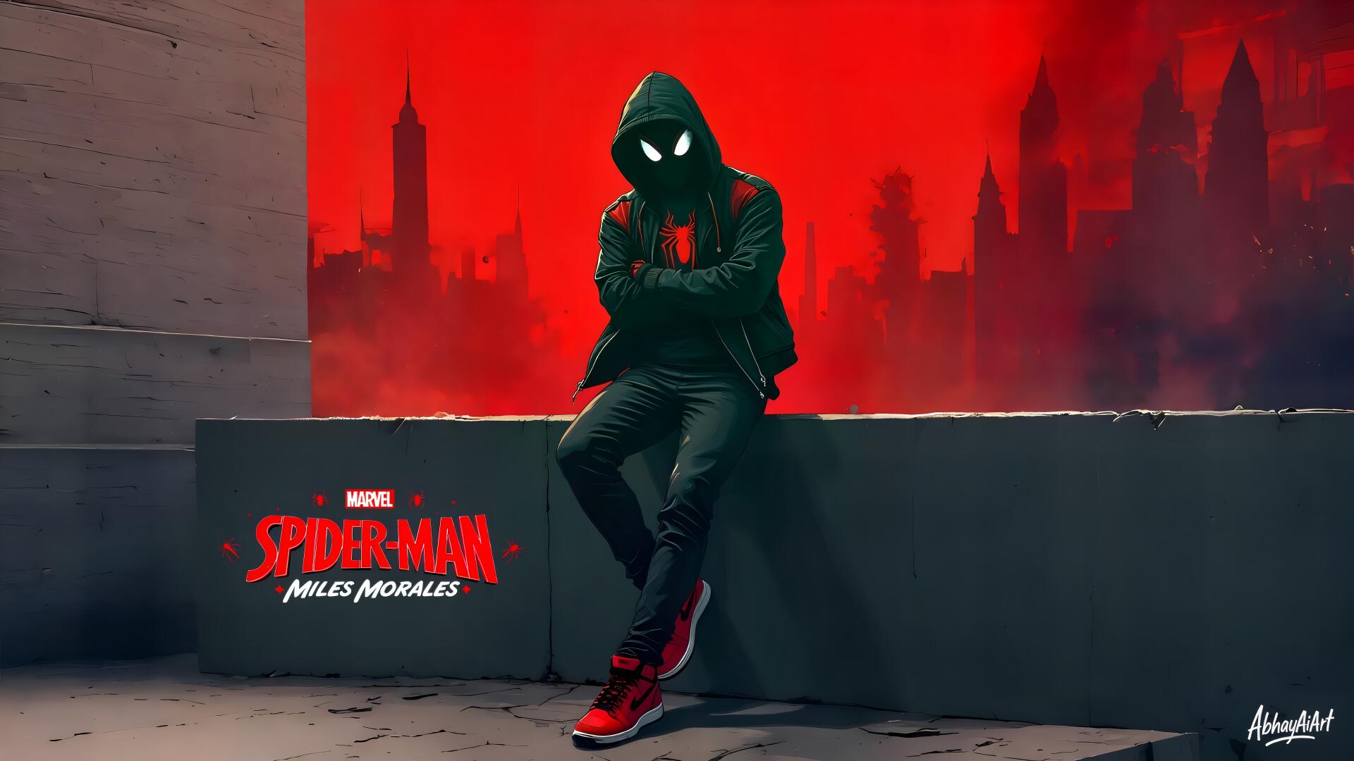 Marvel Studios' Miles Morales as Spider-Man perched on a ledge before a red city skyline — 8K Ultra HD PC desktop wallpaper with superhero logo.
