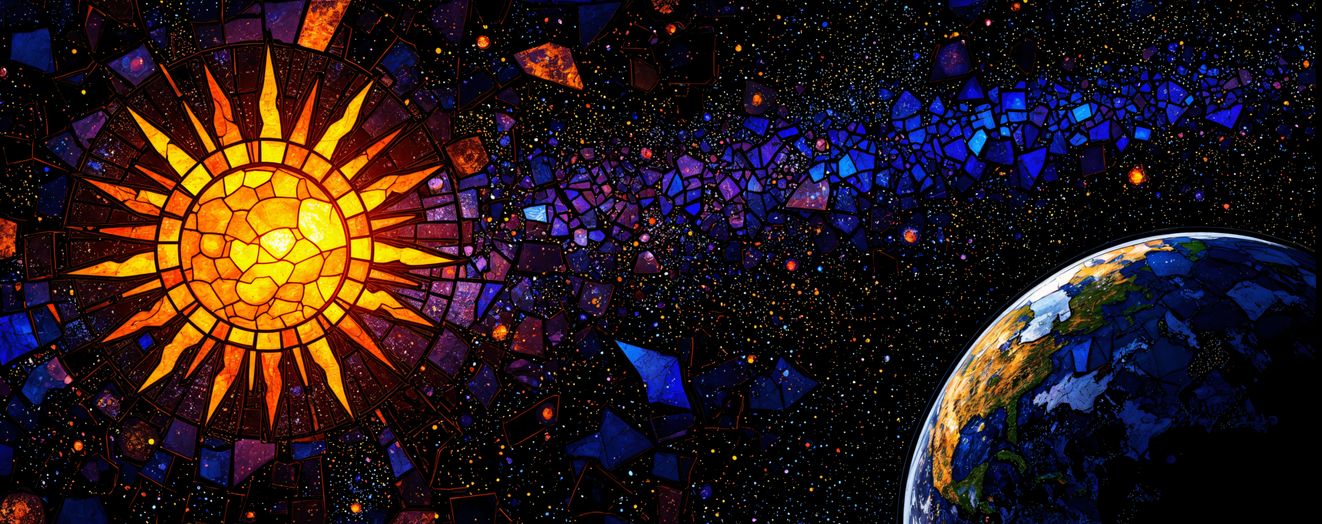 HD desktop wallpaper depicting the sun, Earth, and stars in a vibrant stained glass art style against a dark cosmic background.