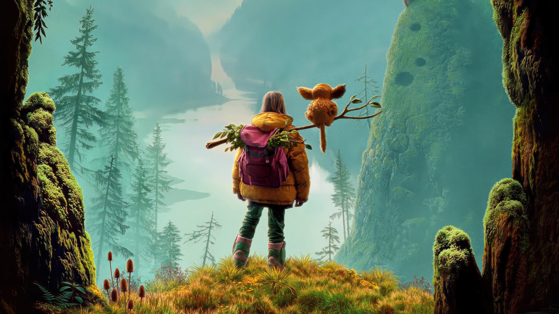 4K Ultra HD desktop wallpaper from the movie The Legend of Ochi, featuring a person with a backpack and a small creature overlooking a lush, misty valley with towering cliffs.