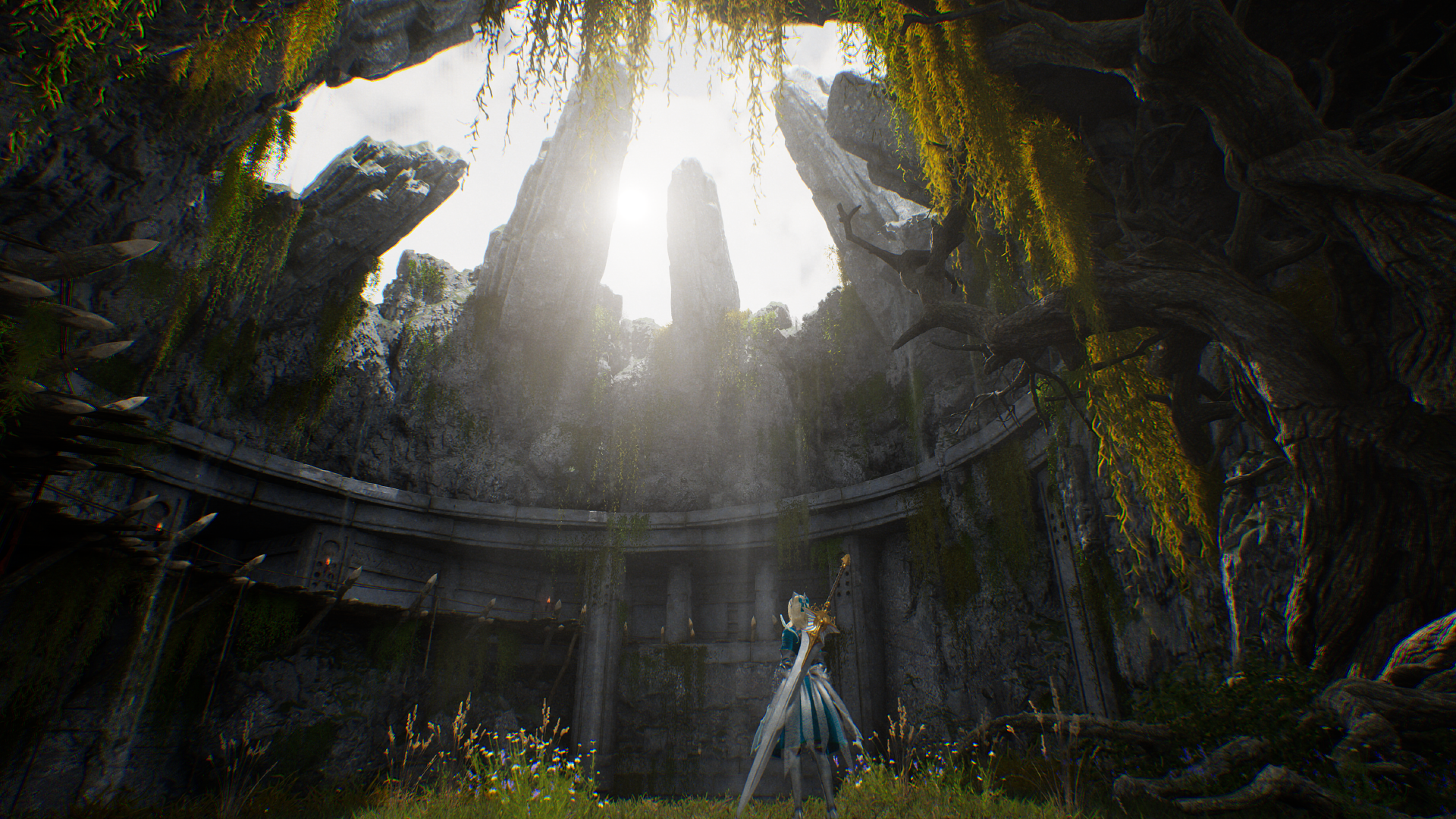 HD PC desktop wallpaper from the video game Vindictus: Defying Fate, showing a character standing in a circular, ancient ruin illuminated by sunlight streaming through an opening above.