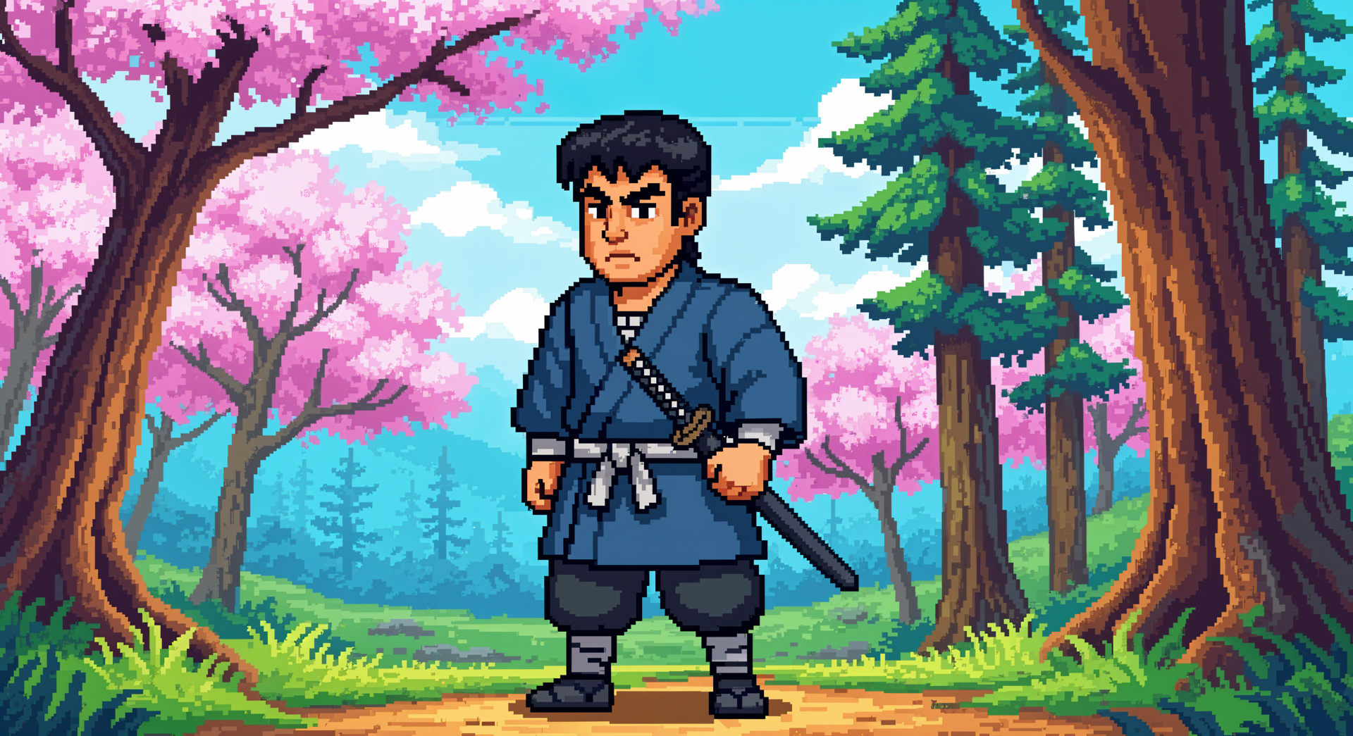 4K Ultra HD pixel art wallpaper of a samurai standing confidently on a forest path surrounded by blooming cherry blossom trees and vibrant greenery.