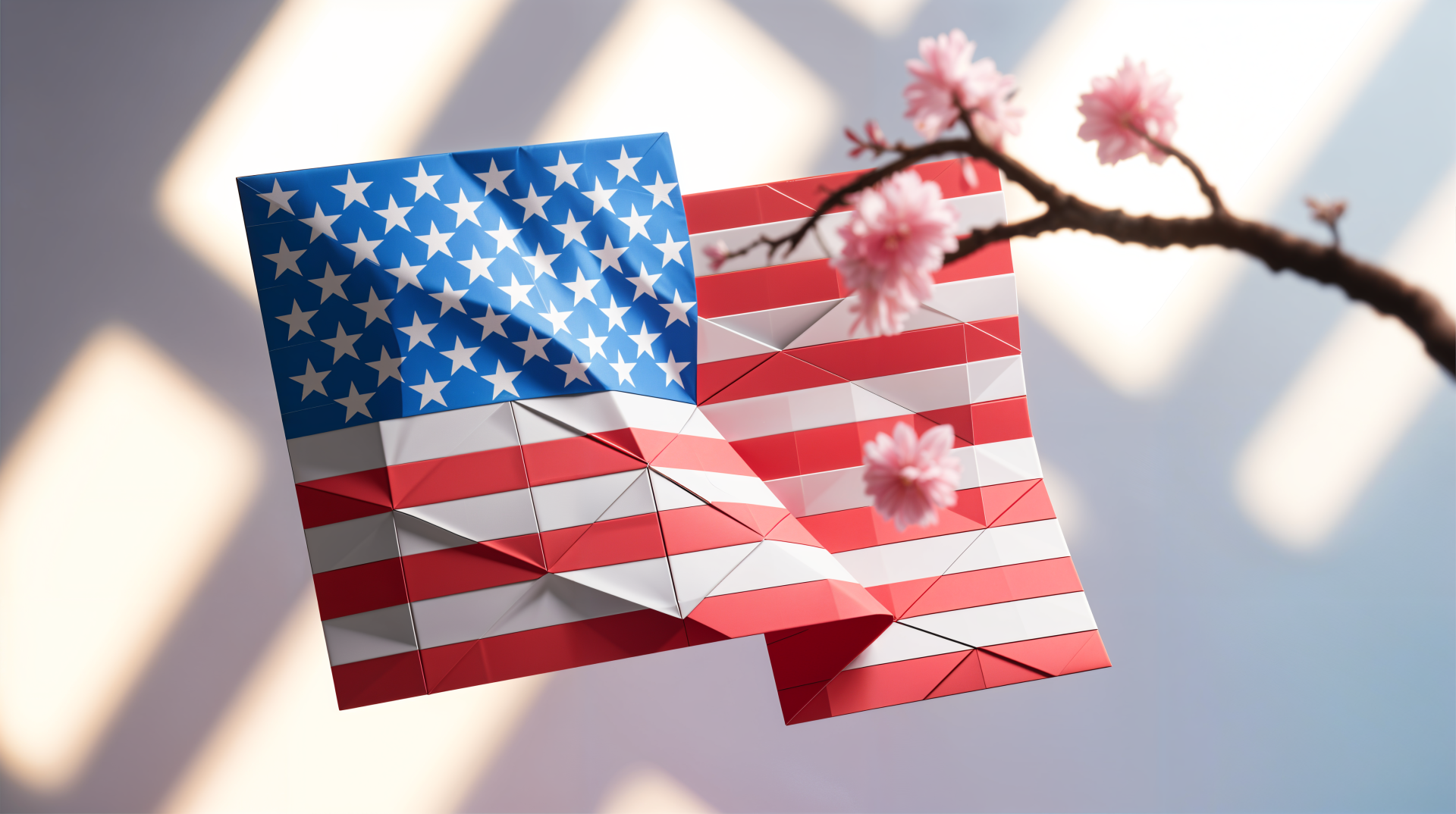 4K Ultra HD desktop wallpaper featuring an American flag paper airplane with cherry blossoms, celebrating Flag Day in soft natural light.