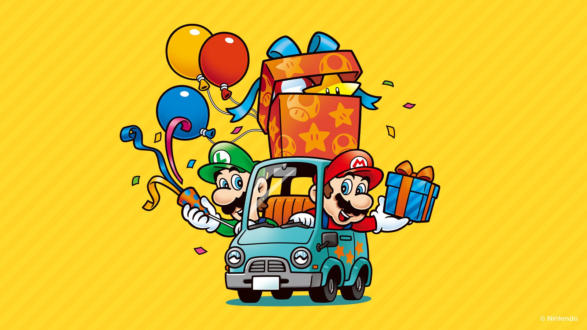 HD PC desktop wallpaper featuring Nintendo's Mario and Luigi celebrating with balloons, confetti, and gifts in a festive video game scene.