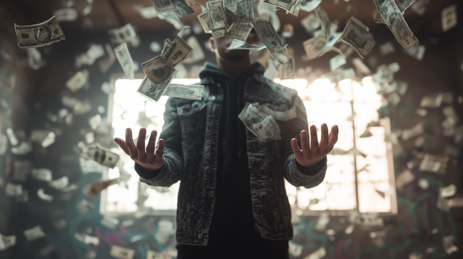 A mysterious figure surrounded by flying dollar bills, symbolizing greed and wealth, captured in a 4K Ultra HD PC desktop wallpaper.