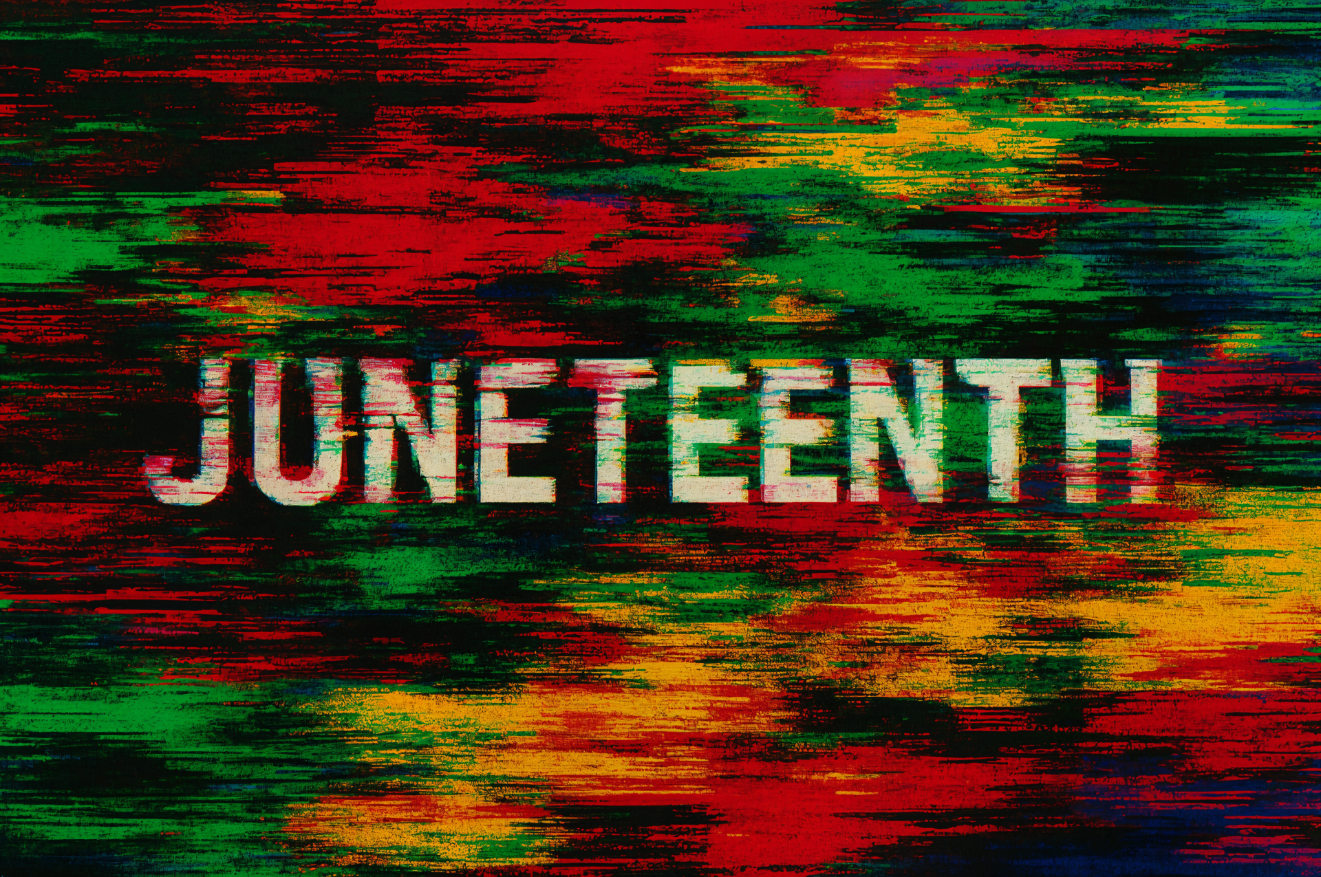 Vibrant, glitch-style 4K Ultra HD desktop wallpaper featuring the word Juneteenth against a dynamic red, green, and yellow abstract background.