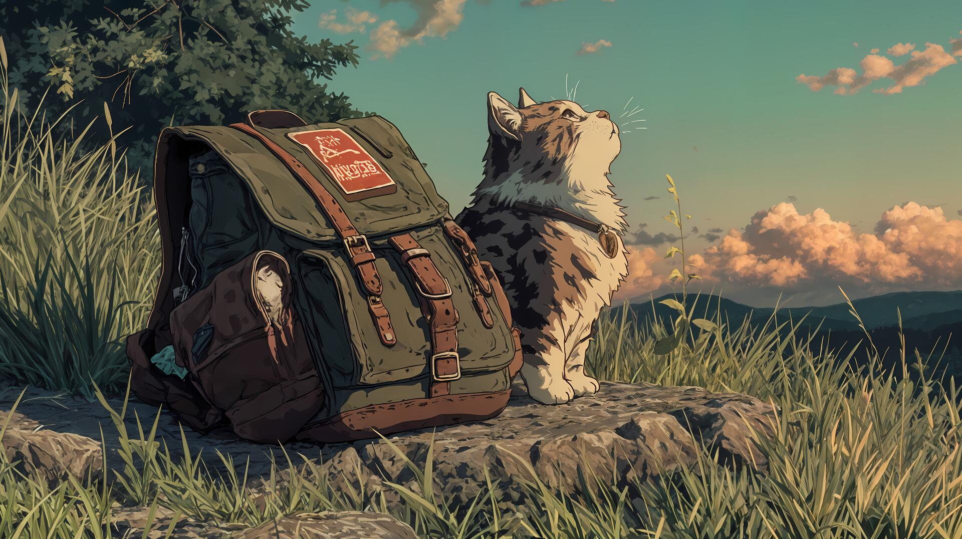 4K Ultra HD PC Desktop Wallpaper and Background: a tabby cat sitting beside a worn backpack on a grassy hill, gazing toward a golden sunset under a cloud-streaked sky.
