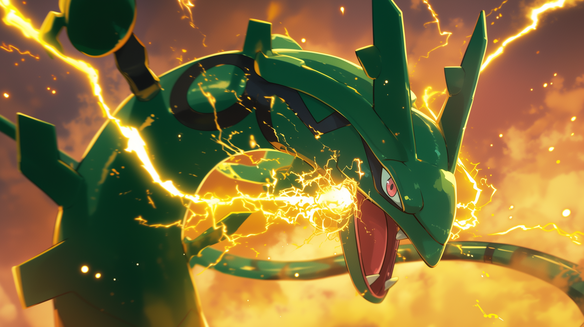 HD anime-style desktop wallpaper of the legendary Pokémon Rayquaza surrounded by lightning in a dynamic and powerful pose.