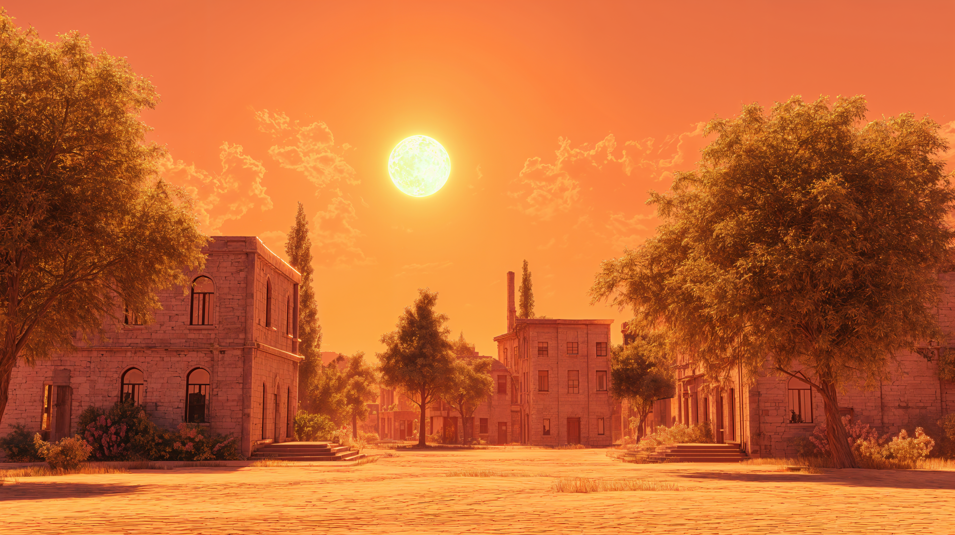 A vivid 4K Ultra HD desktop wallpaper showing a sun-drenched street under a blazing summer sun on a hot day.